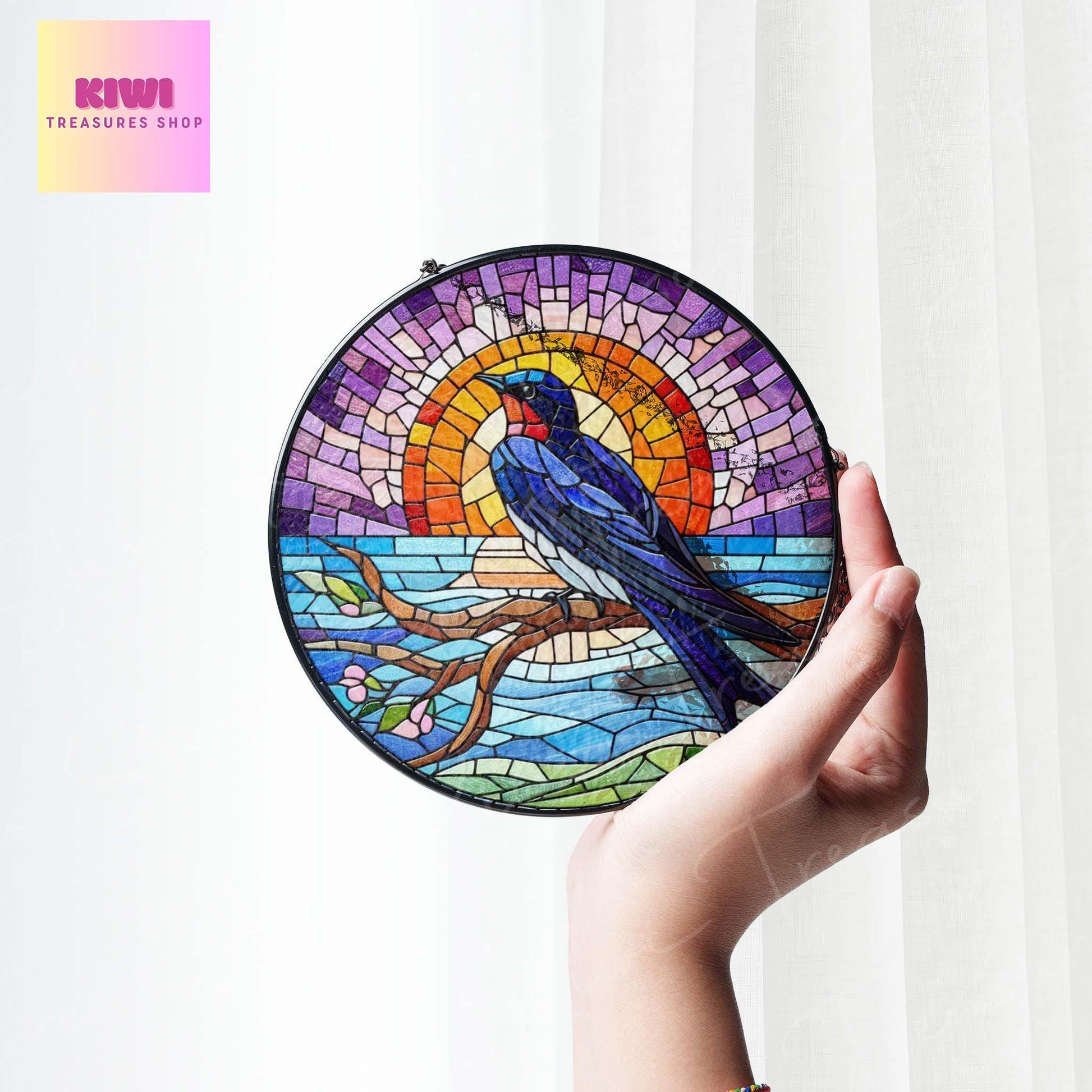 Purple martin bird on branch GLASS Hanging, Sunset landscape, Purple Martin suncatcher, bird watching gift, bird nerd gift
