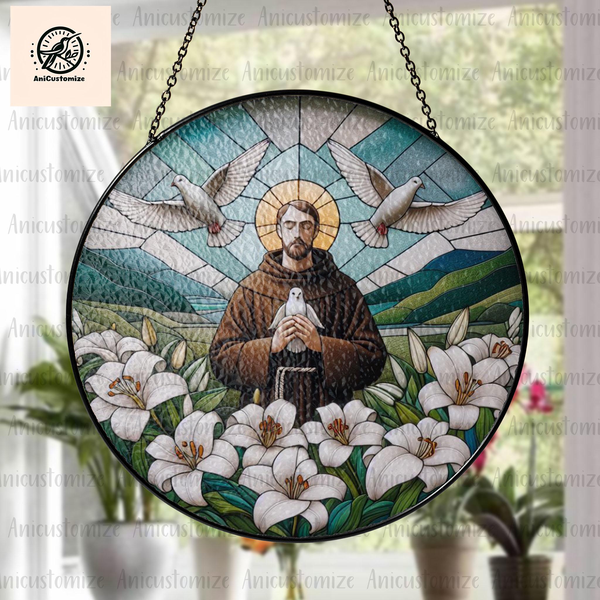 St. Francis of Assisi GLASS, Saint Suncatcher, Christian Gift, Flowers Window Hanging, Jesus Window Art, St. Francis Home Decor