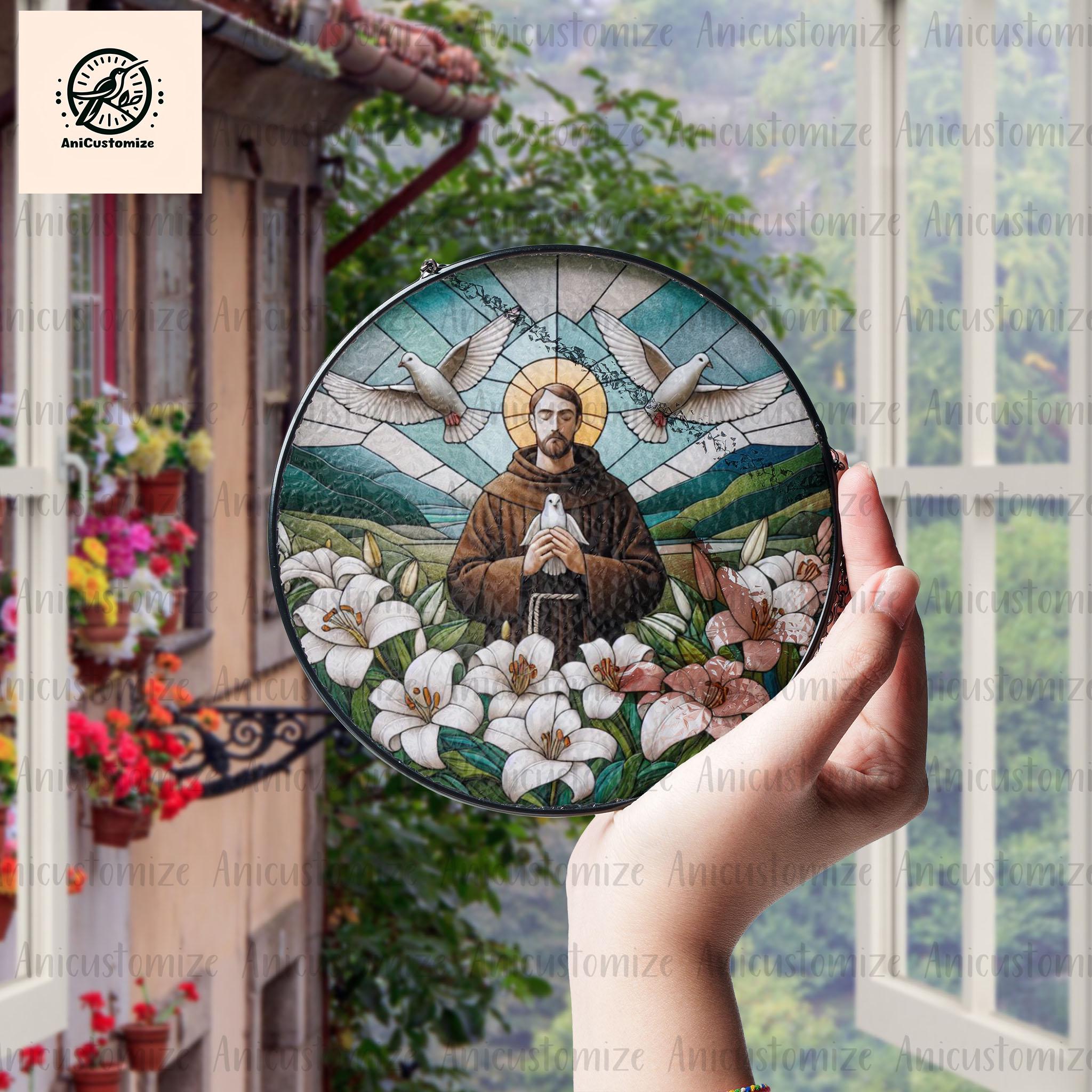 St. Francis of Assisi GLASS, Saint Suncatcher, Christian Gift, Flowers Window Hanging, Jesus Window Art, St. Francis Home Decor