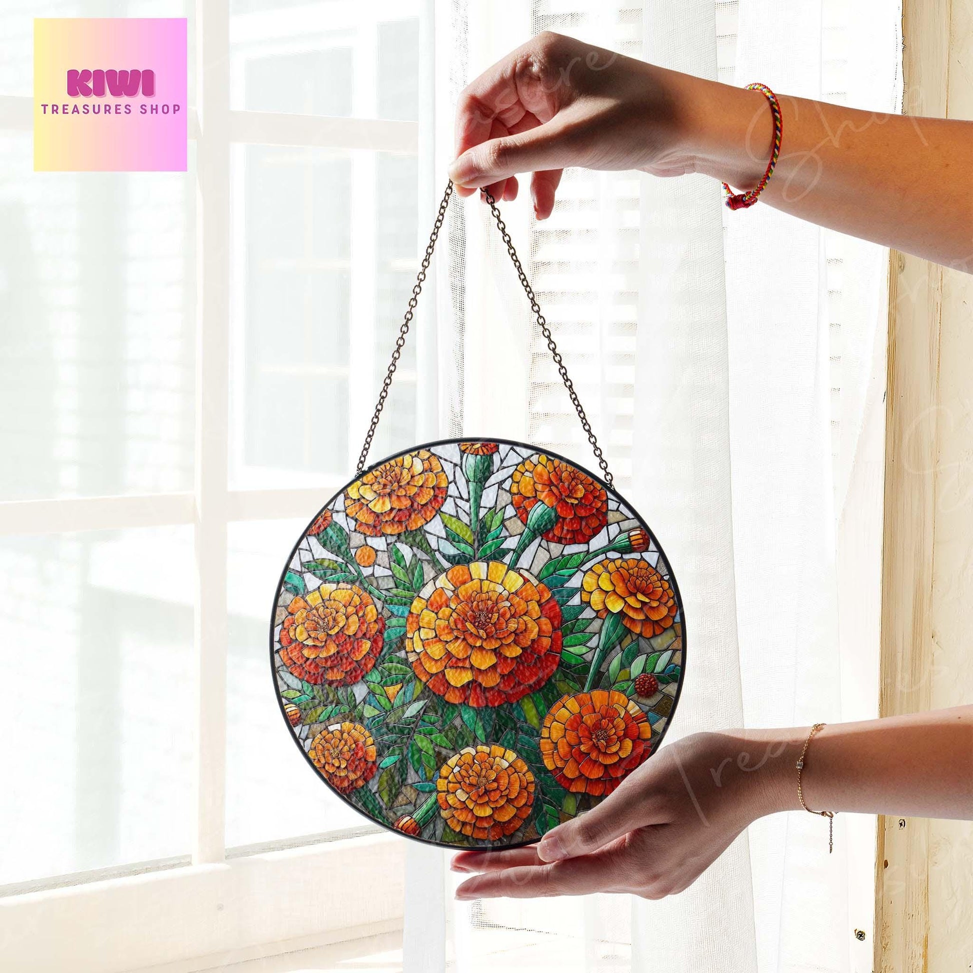 Marigold Flower GLASS Suncatcher Hanging, Birth Month Flower glass, Window hanging, Suncatcher ornament, Marigold glass