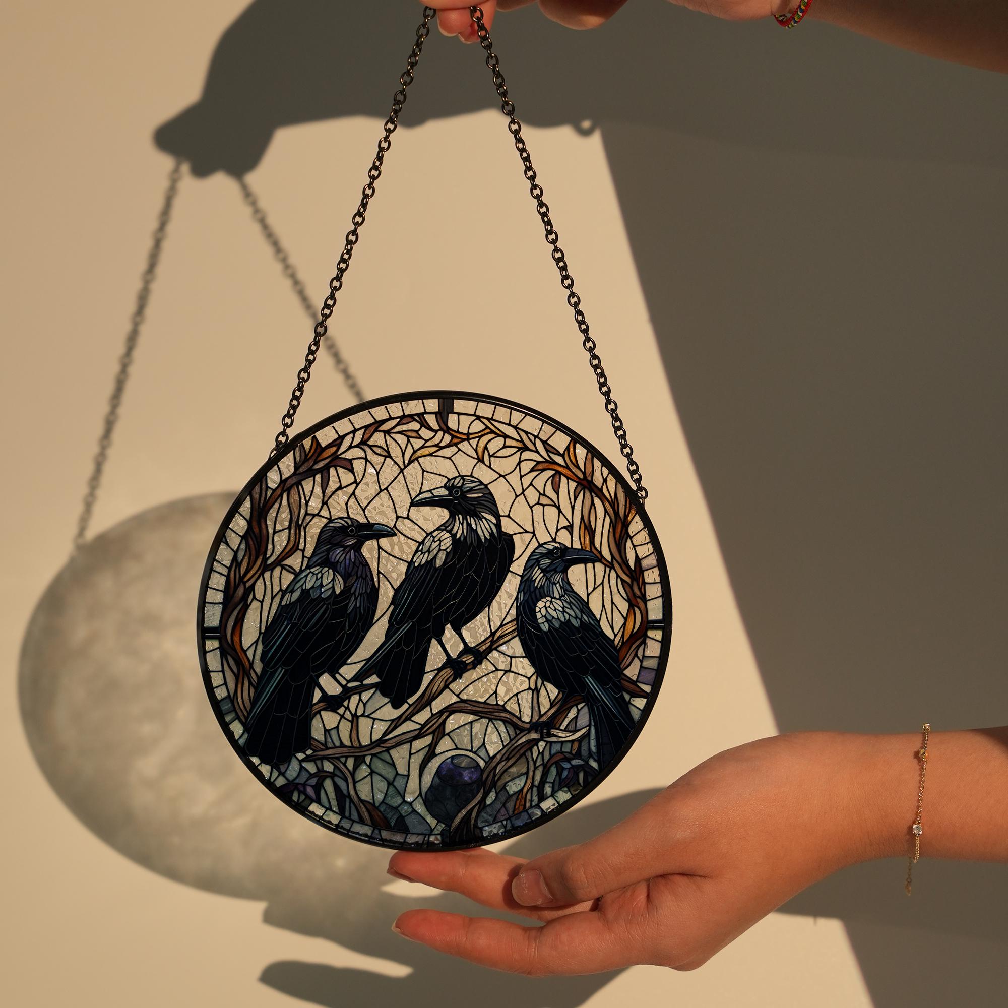 Three crows on branch GLASS Window Hanging, Dark academia, Raven lover gift, Halloween decor, Gothic sign hanging, Raven Suncatcher