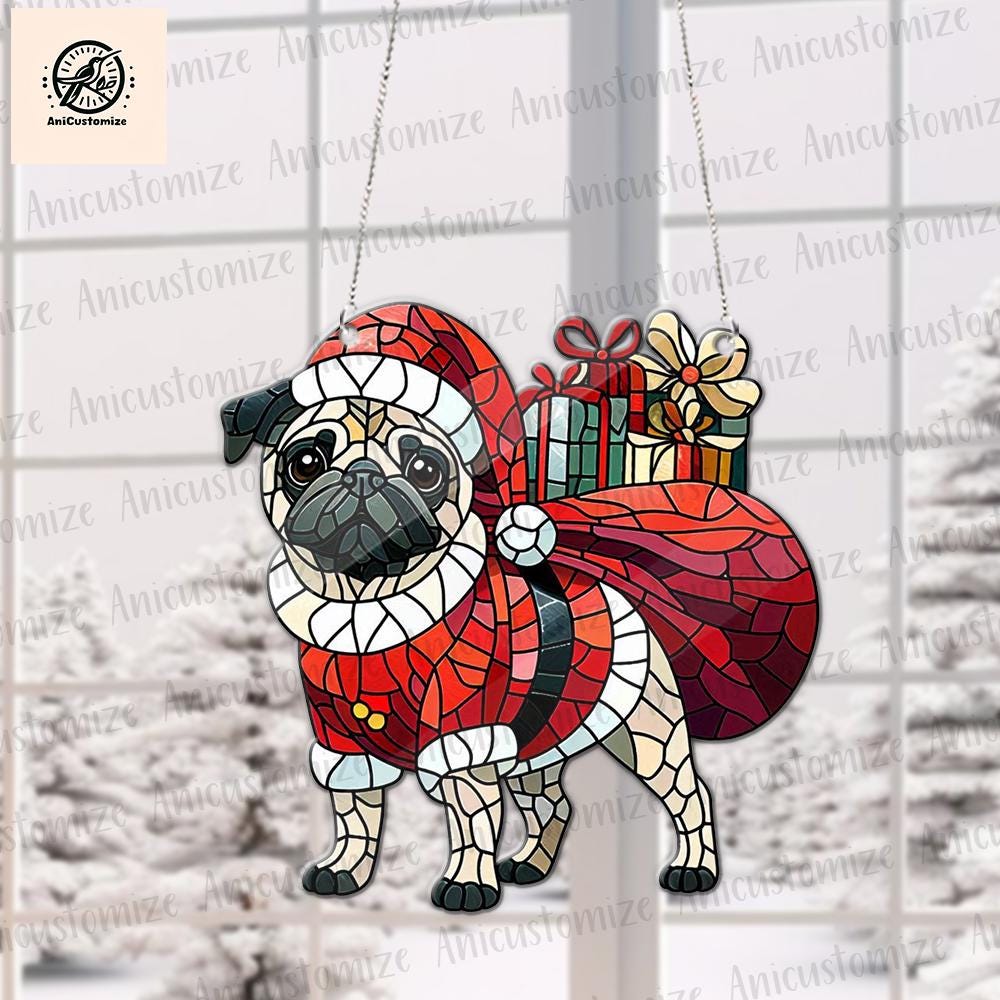 Pug Carry Santa Big Sack ACRYLIC Window Hanging, Pug Christmas Window Hanging, Dog Mom Gift, Christmas Decor, Dog Lover Wall Art, Dog Lover