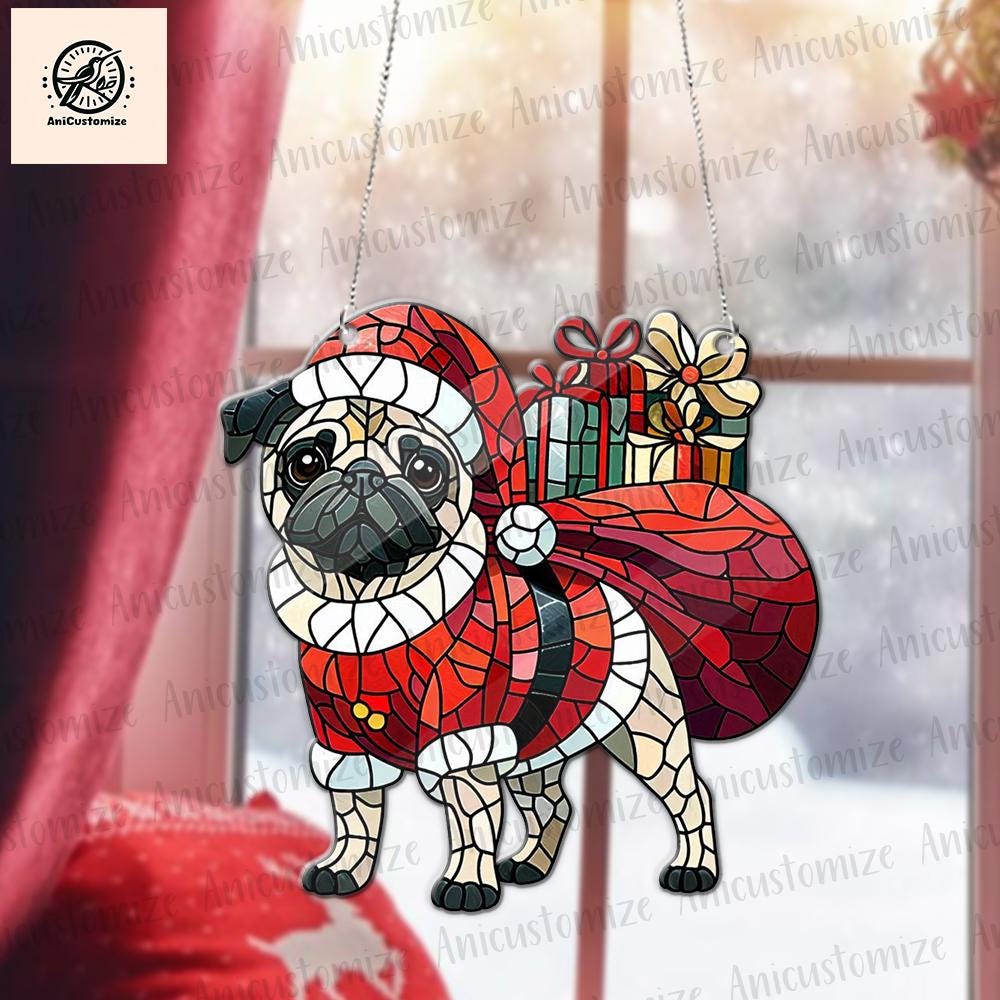Pug Carry Santa Big Sack ACRYLIC Window Hanging, Pug Christmas Window Hanging, Dog Mom Gift, Christmas Decor, Dog Lover Wall Art, Dog Lover