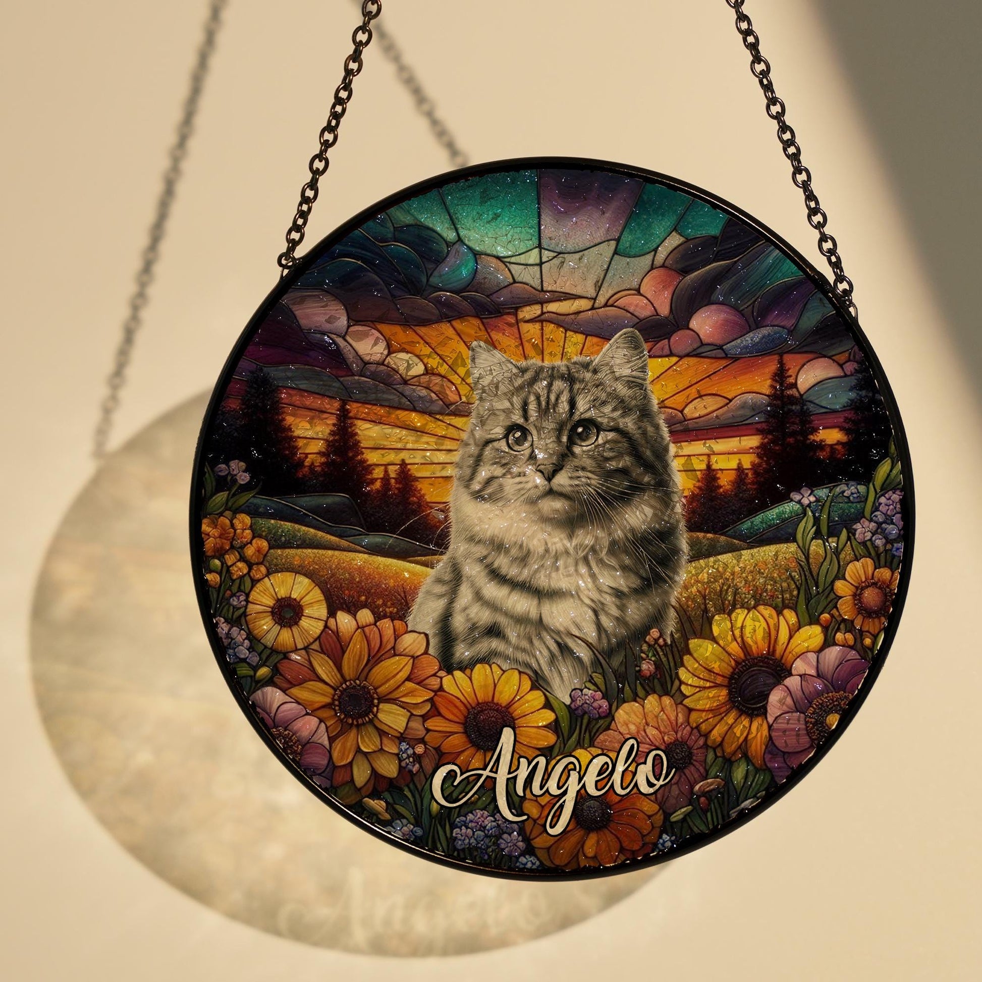 Personalized Pet in wildflower field GLASS Suncatcher Hanging, Potrait Cat dog suncatcher, sympathy gift, gift for cat mom, custom photo