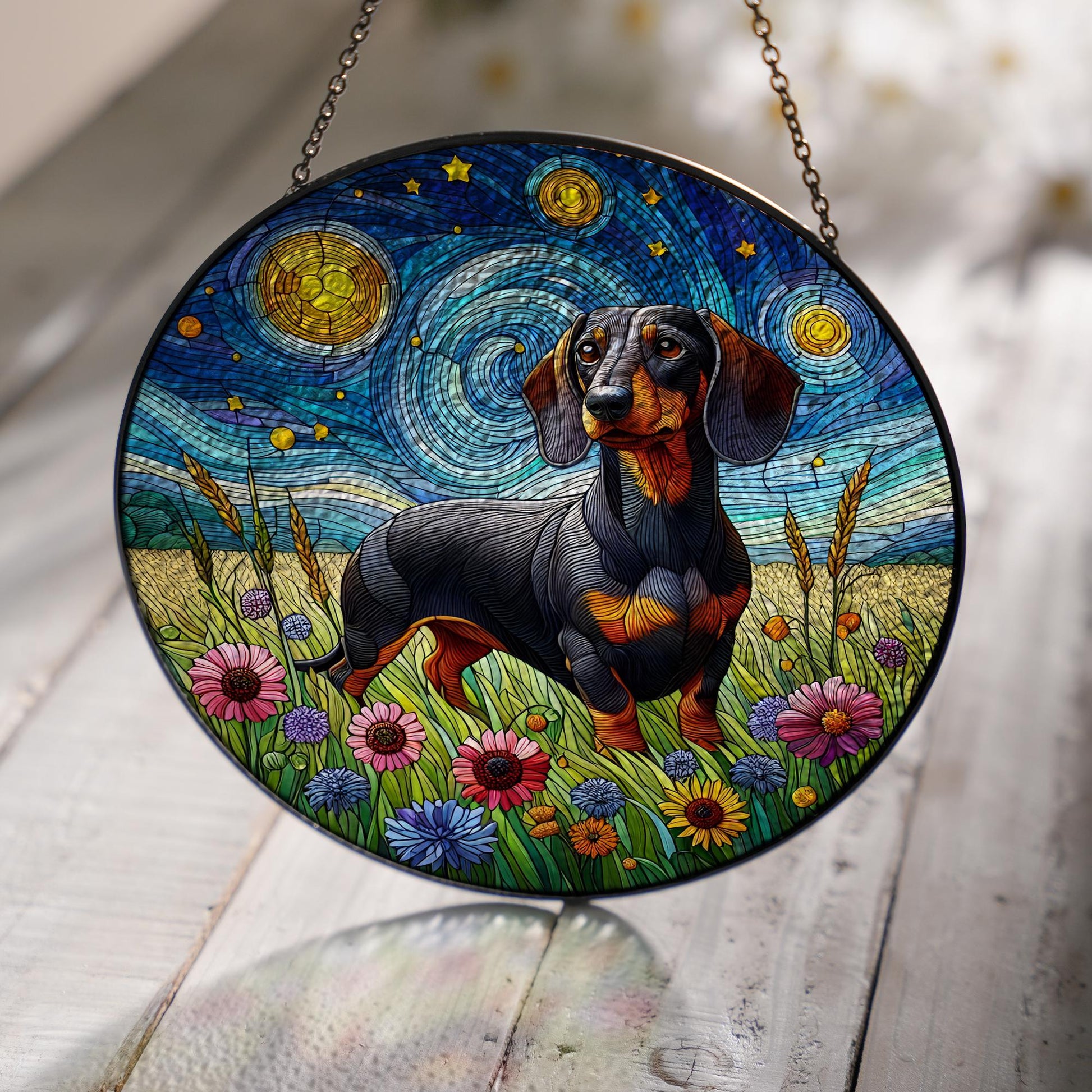Dachshund in Wildflower garden GLASS Window Hanging, Starry Night Window hanging, Memorial suncatcher, Dachshund Suncatcher, dog mom gift