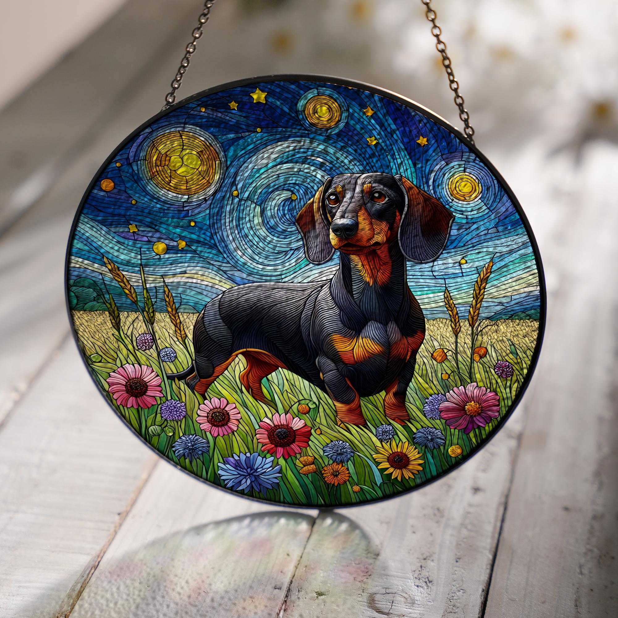 Dachshund in Wildflower garden GLASS Window Hanging, Starry Night Window hanging, Memorial suncatcher, Dachshund Suncatcher, dog mom gift