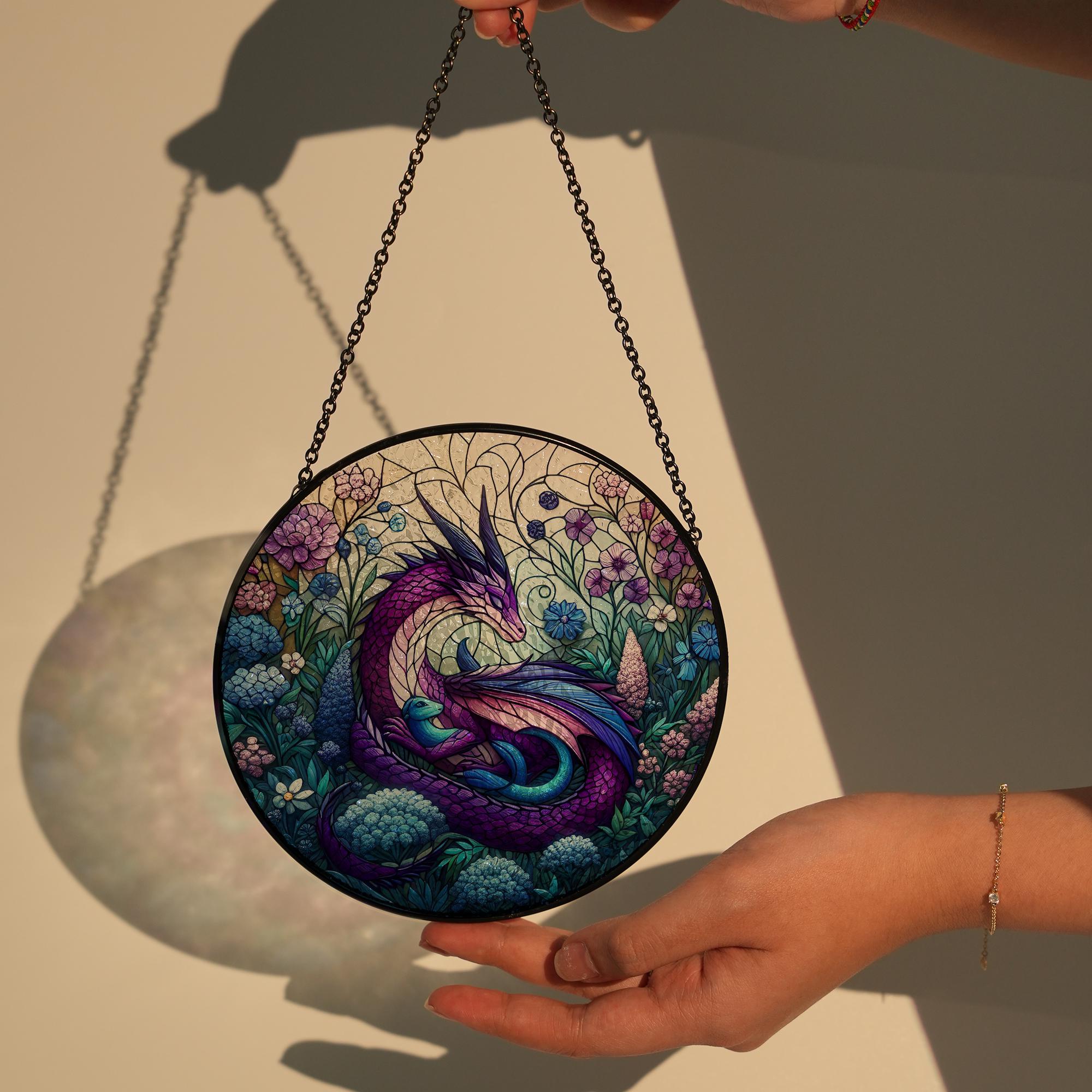 Purple Dragon Among Flower Forest GLASS, Dragon Suncatcher, Dragon Decor, Dragon Lover Gift, Gift For Her, Dragon Gift, Yard Decor