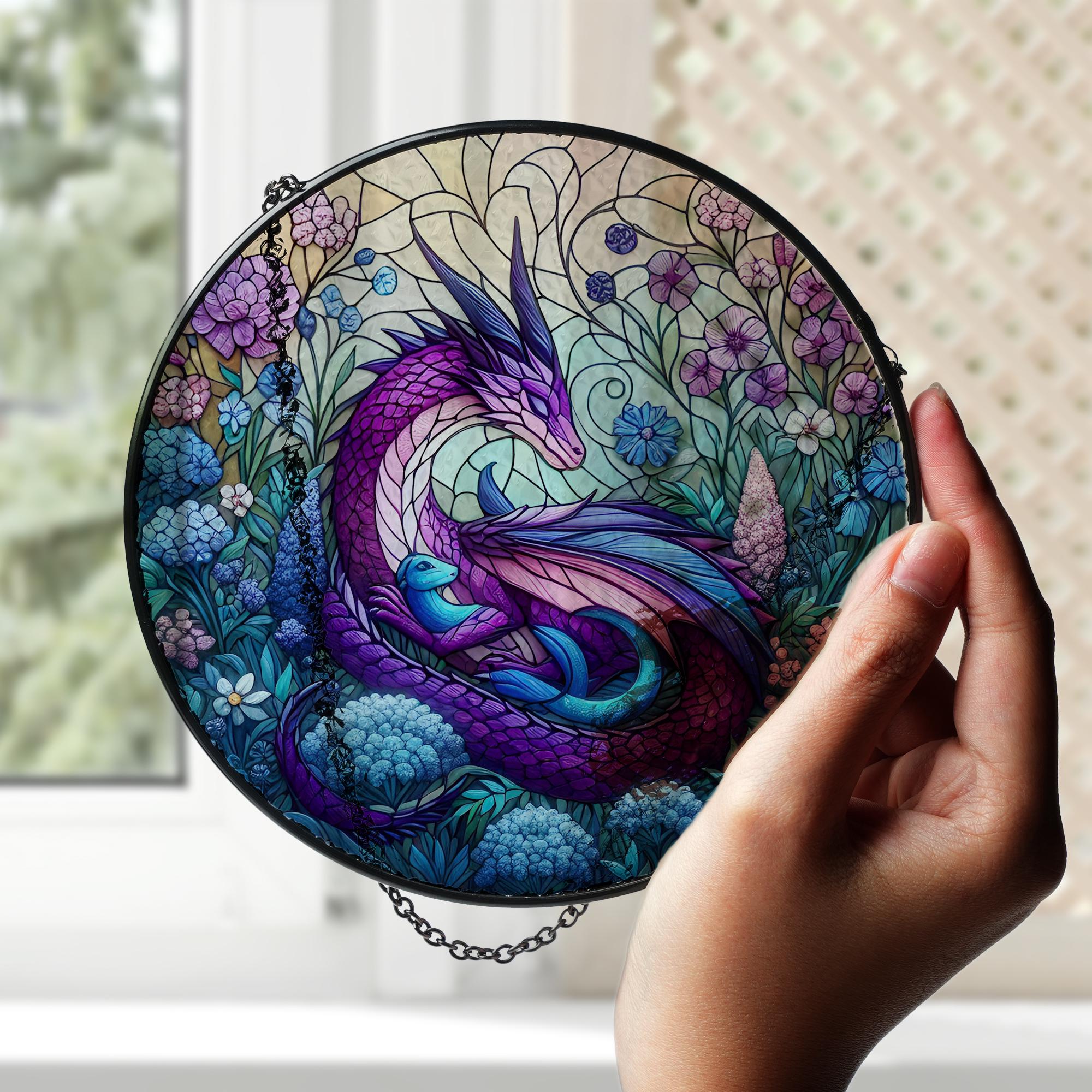 Purple Dragon Among Flower Forest GLASS, Dragon Suncatcher, Dragon Decor, Dragon Lover Gift, Gift For Her, Dragon Gift, Yard Decor