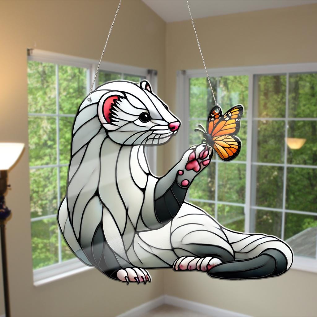 Ferret With Monarch Butterfly ACRYLIC Window Hanging, Ferret Mom Decor, Ferret Lover Gift, Pet Mom Decor, Animal Lover Gift, Animal Decor
