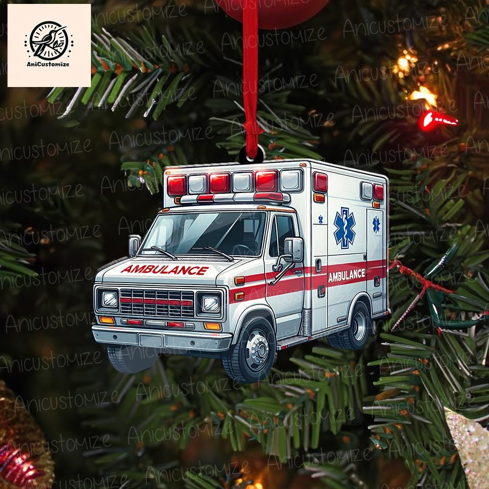 Personalized Ambulance Christmas 2D FLAT Ornament, Ambulance Ornament, Custom Xmas Gift, Driver Xmas Tree Ornaments, Paramedic Ornament