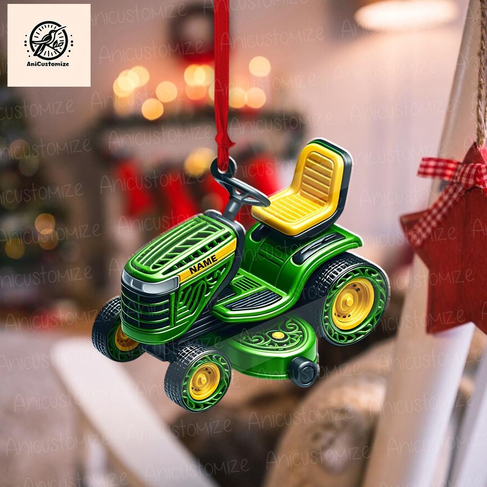 Personalized Lawn Mowers Christmas 2D FLAT Ornament, Riding Mowers With Xmas Light Hanging Ornament, Farmhouse Lawn Ornament, Christmas Gift