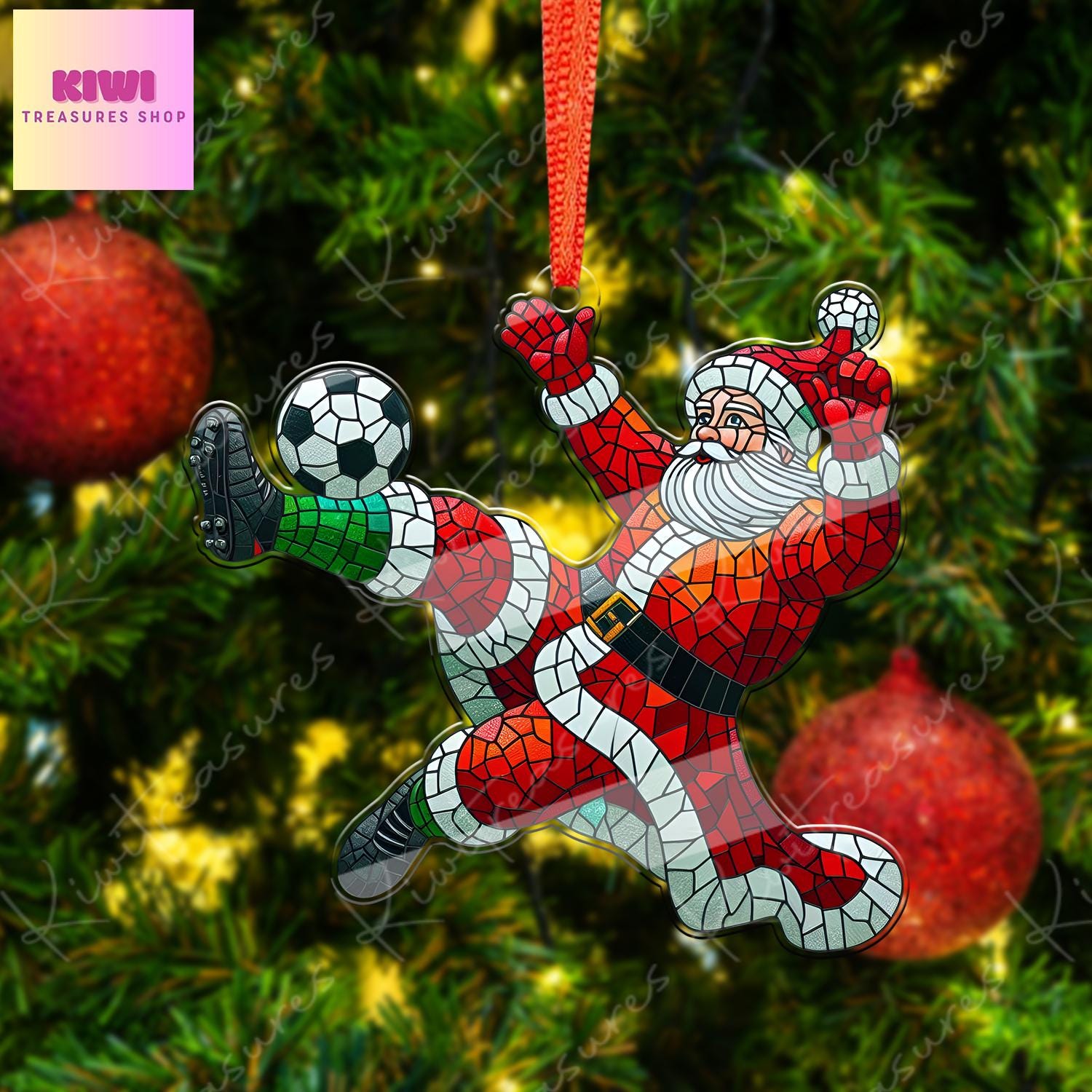 Santa Plays soccer Ornament, 2d FLAT soccer ornament, Santa Claus, Santa Lover, soccer ornament, gift for him, gift for kids, xmas hanging