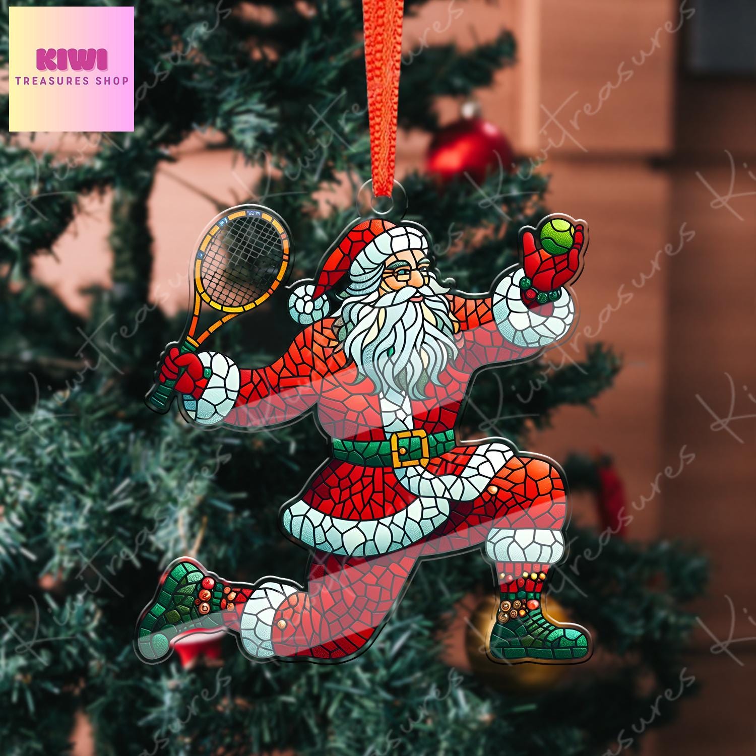 Santa Plays tennis Ornament, 2d FLAT tennis ornament, Santa Claus, Santa Lover, Tennis ornament, gift for her, sport lover