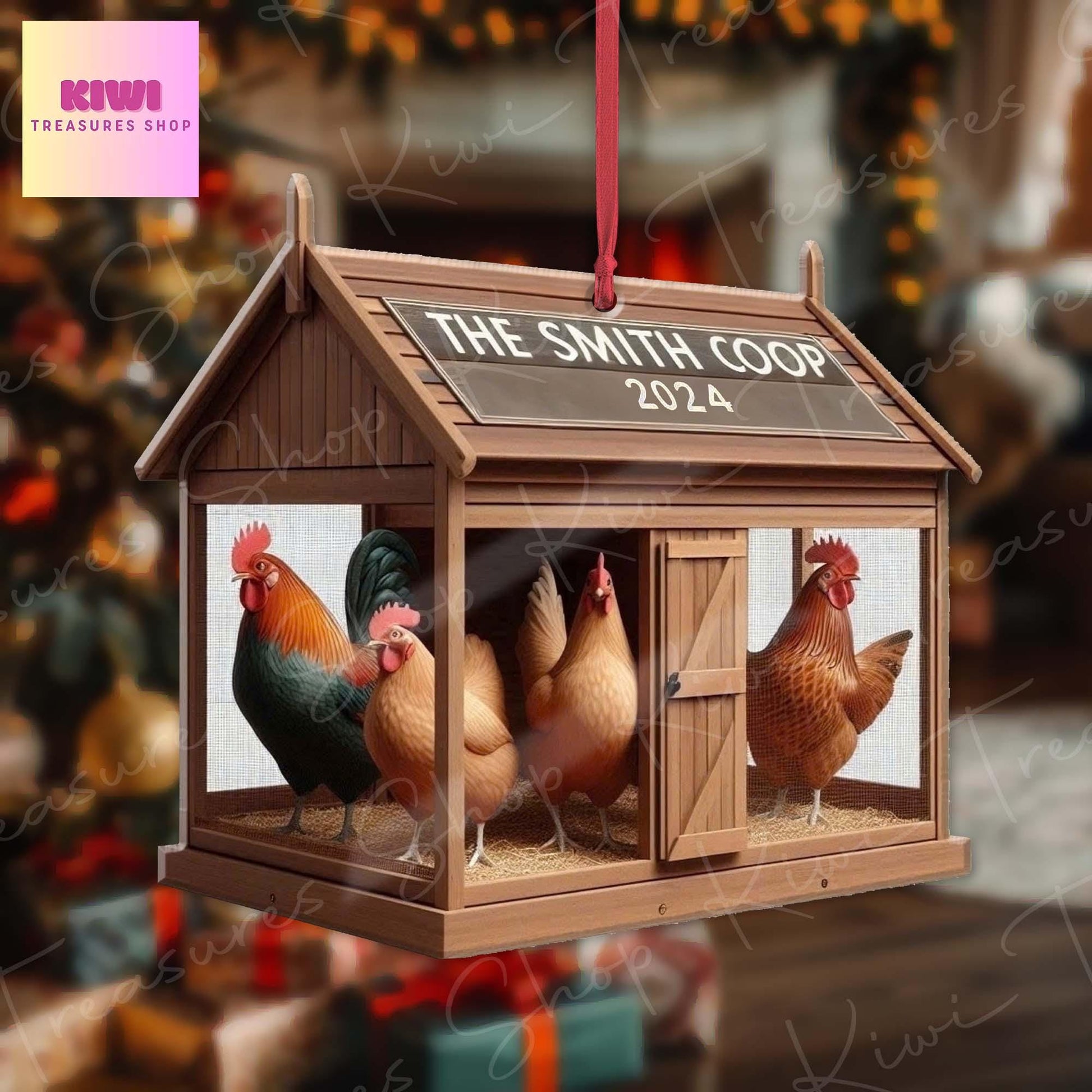 Personalized Chicken coop Xmas Ornament, 2d Flat chicken ornament, Christmas decor, chicken farmhouse, Christmas keepsake, farm chicken