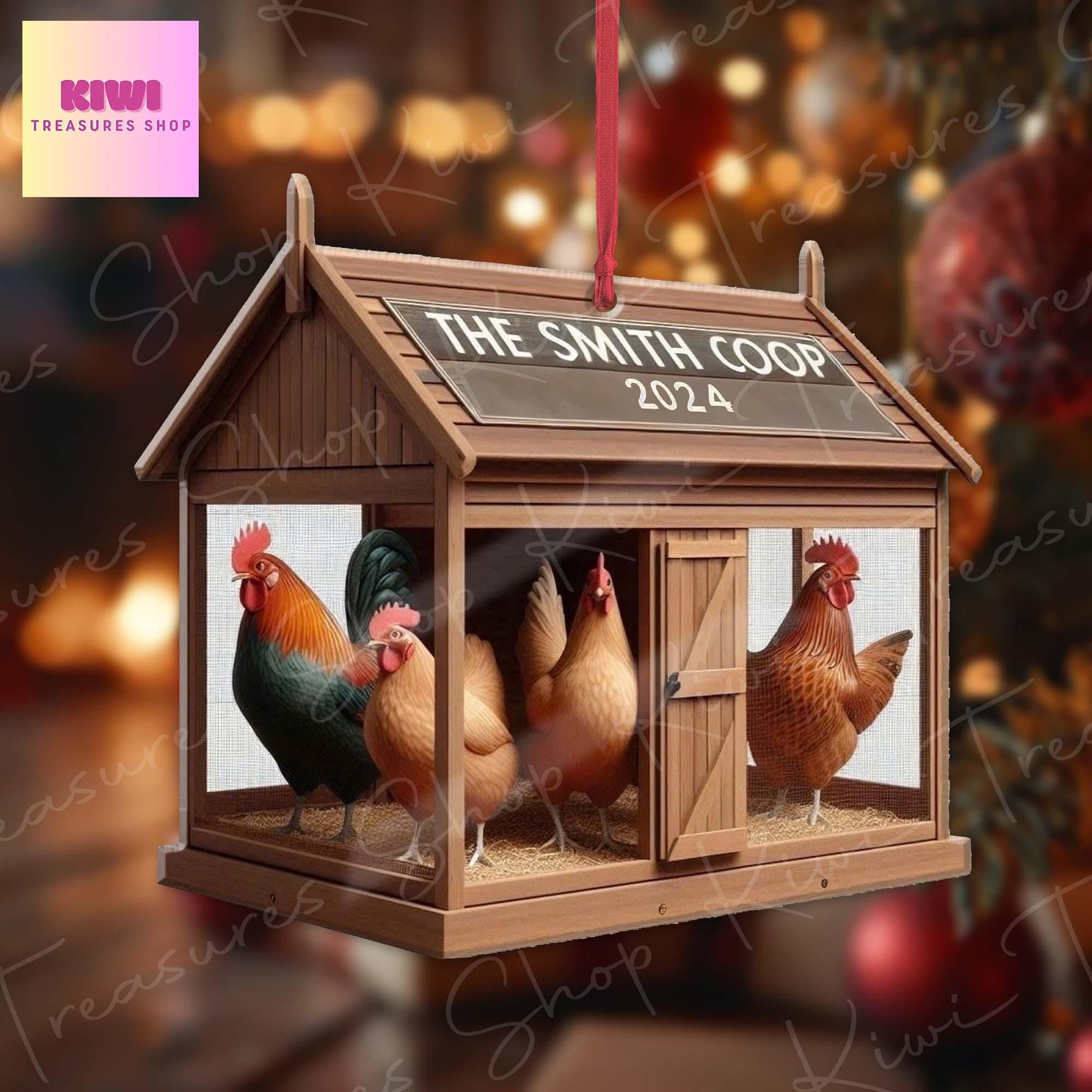 Personalized Chicken coop Xmas Ornament, 2d Flat chicken ornament, Christmas decor, chicken farmhouse, Christmas keepsake, farm chicken