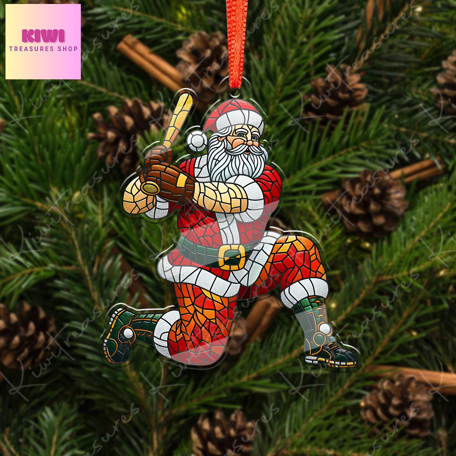 Santa Plays Baseball Ornament, 2d FLAT baseball ornament, Santa Claus, Santa Lover, baseball ornament, gift for her, sport lover