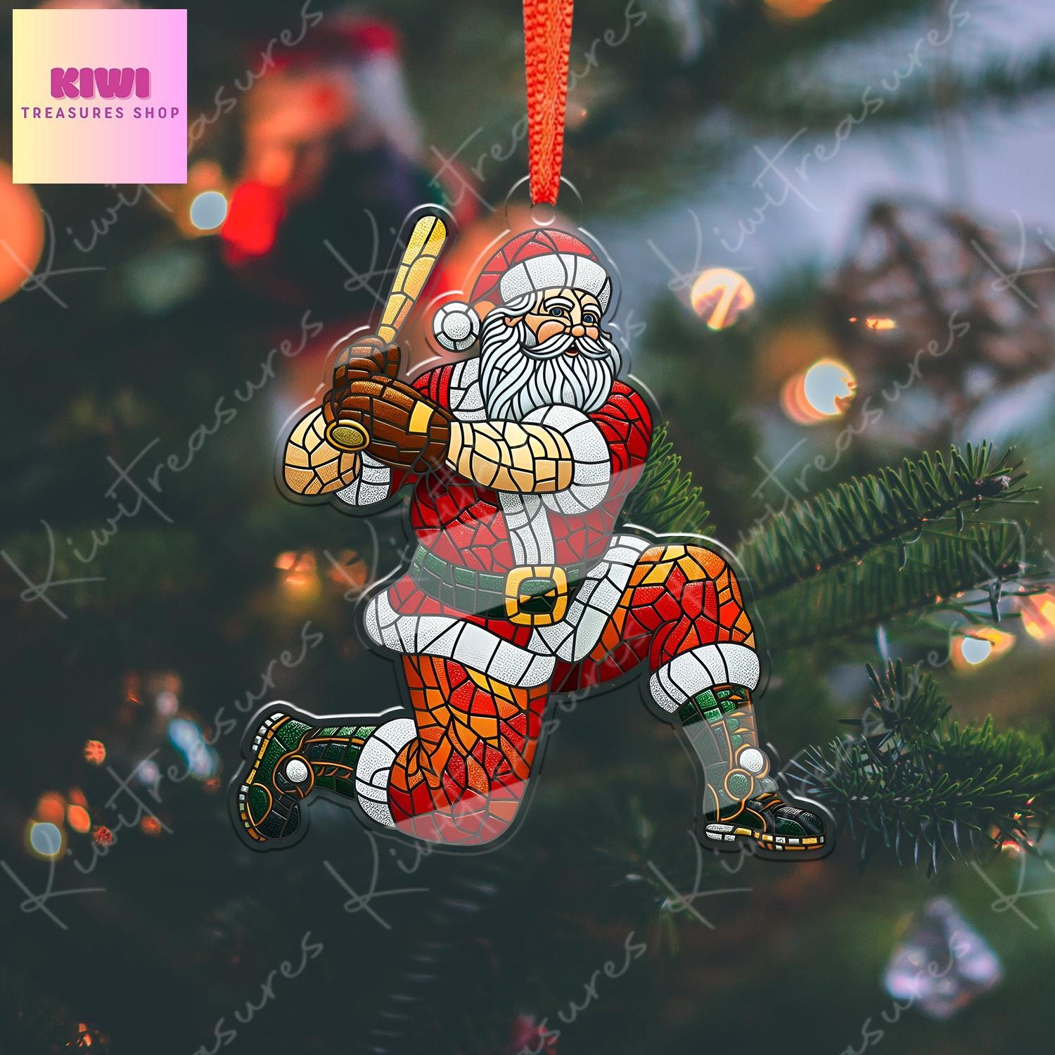 Santa Plays Baseball Ornament, 2d FLAT baseball ornament, Santa Claus, Santa Lover, baseball ornament, gift for her, sport lover