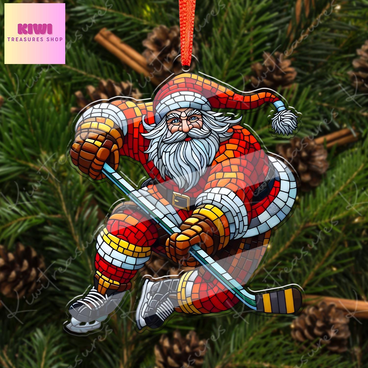 Santa Plays Ice hockey Ornament, 2d FLAT ice hockey ornament, Santa Claus, Santa Lover, ice hockey ornament, gift for her, sport lover