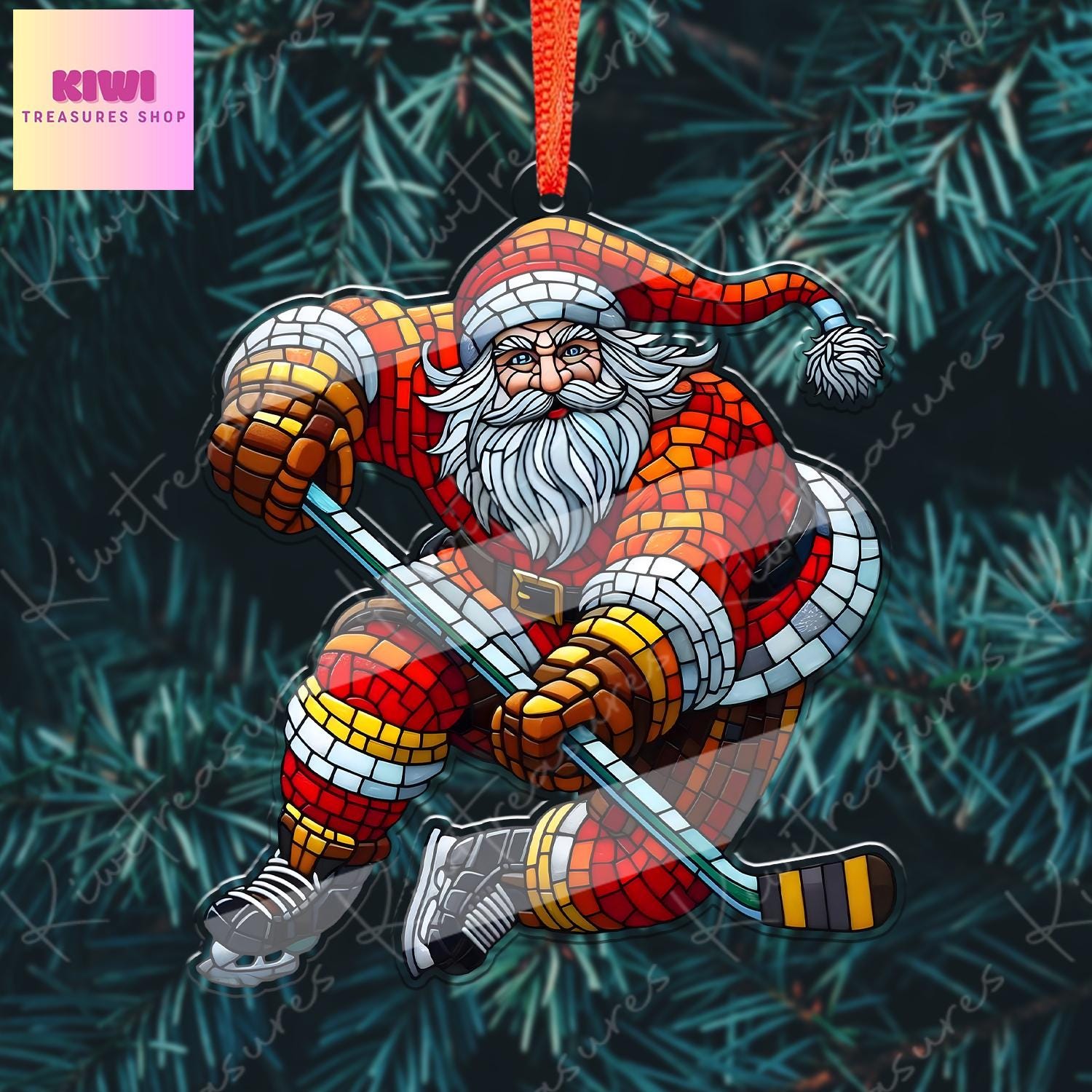 Santa Plays Ice hockey Ornament, 2d FLAT ice hockey ornament, Santa Claus, Santa Lover, ice hockey ornament, gift for her, sport lover