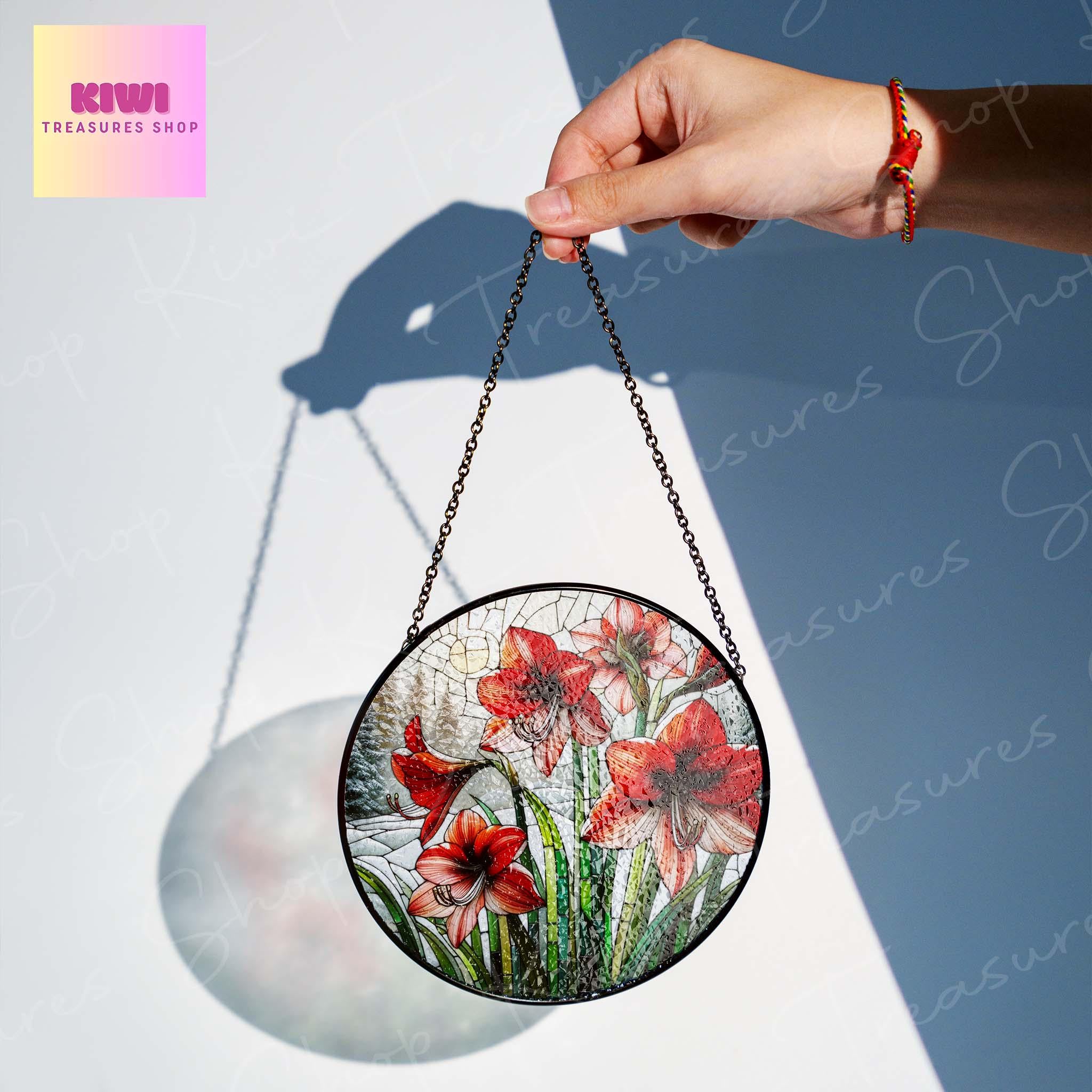 Amaryllis Flowers GLASS Suncatcher Hanging, Winter suncatcher, Window hanging, Mother's day gift 2025, Amaryllis lover gift