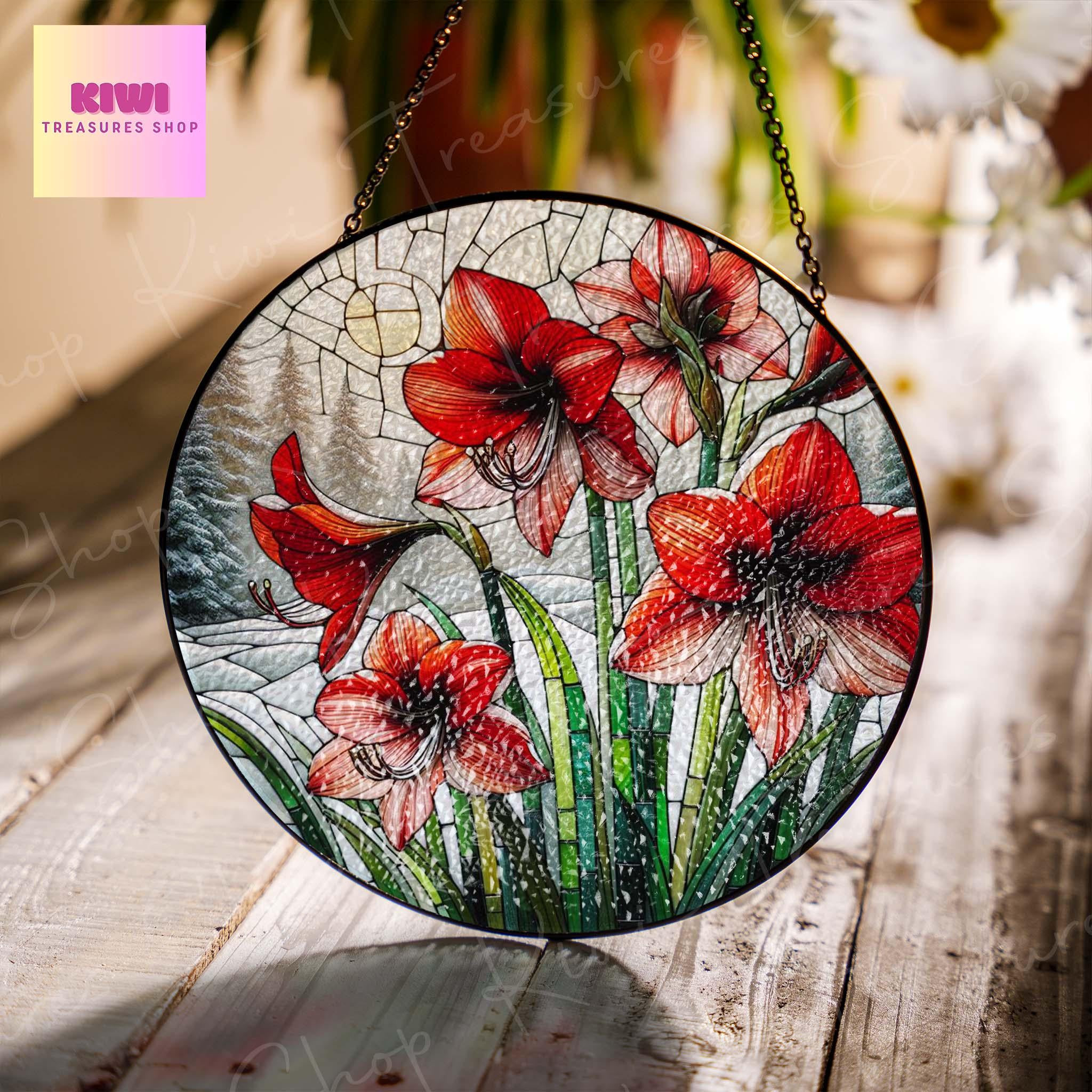 Amaryllis Flowers GLASS Suncatcher Hanging, Winter suncatcher, Window hanging, Mother's day gift 2025, Amaryllis lover gift