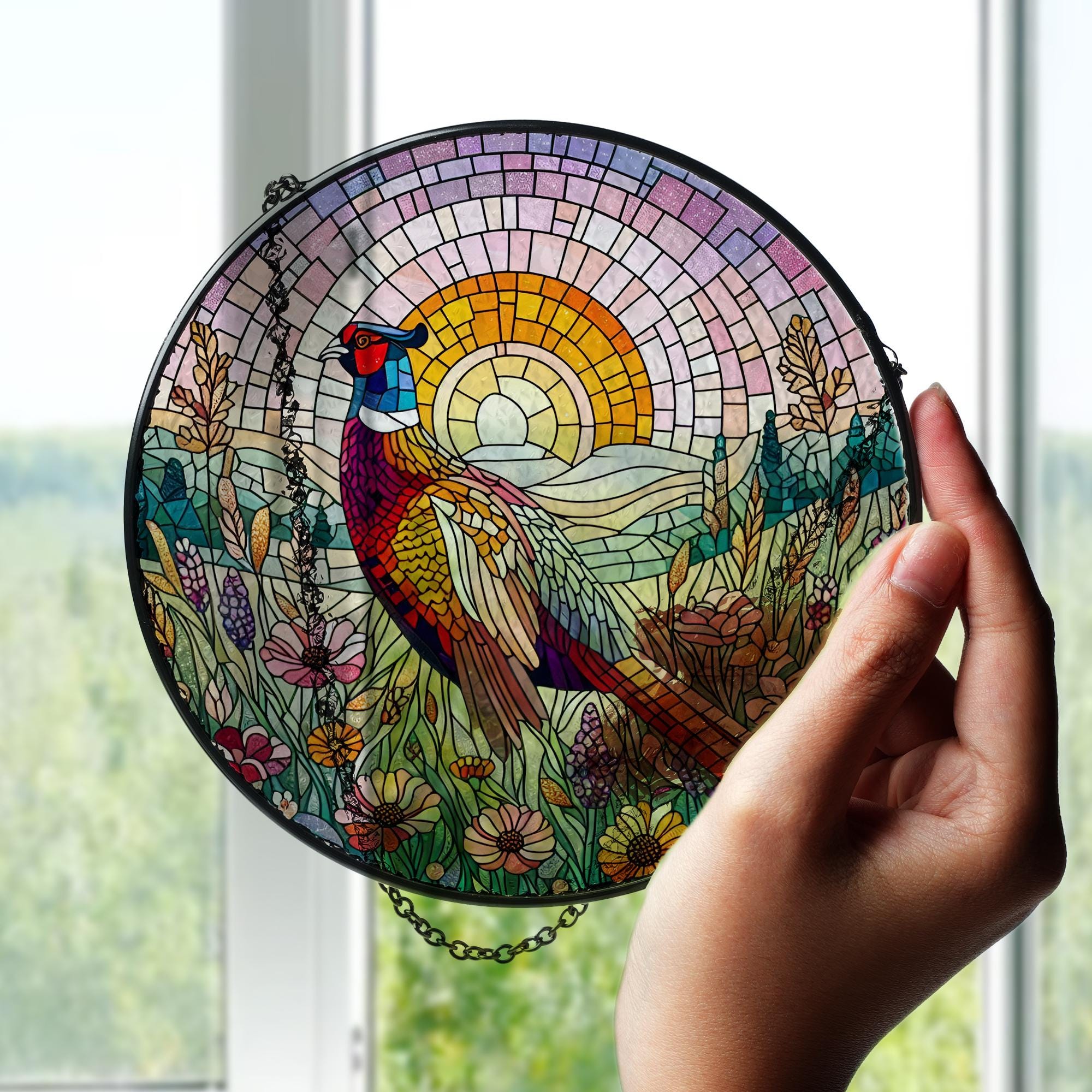 Pheasant among wildflower field GLASS Hanging, Bird Lover Decor, Bird Nerd, Pheasant suncatcher, Bird Suncatcher Decor, sunset suncatcher