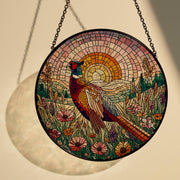 Pheasant among wildflower field GLASS Hanging, Bird Lover Decor, Bird Nerd, Pheasant suncatcher, Bird Suncatcher Decor, sunset suncatcher