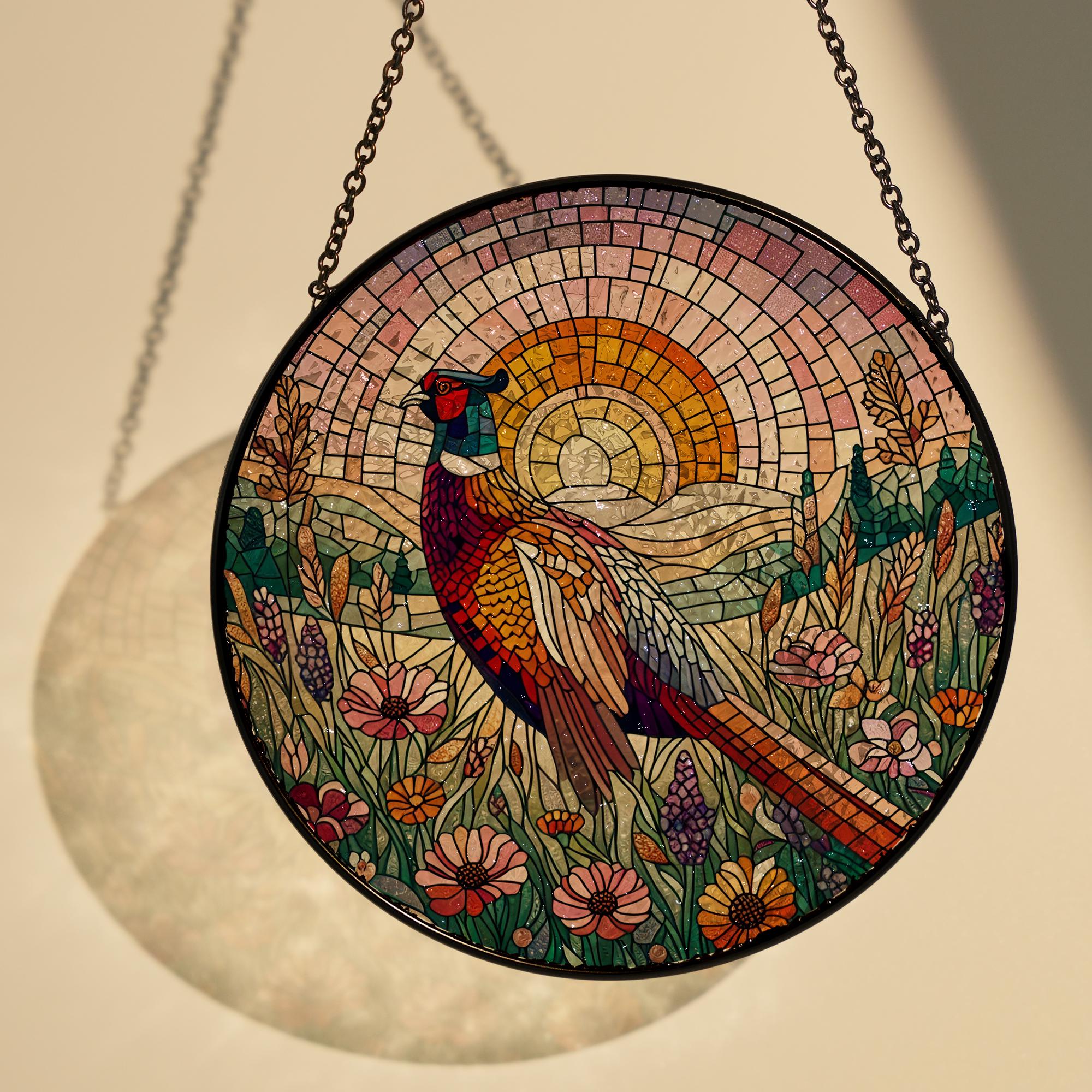 Pheasant among wildflower field GLASS Hanging, Bird Lover Decor, Bird Nerd, Pheasant suncatcher, Bird Suncatcher Decor, sunset suncatcher