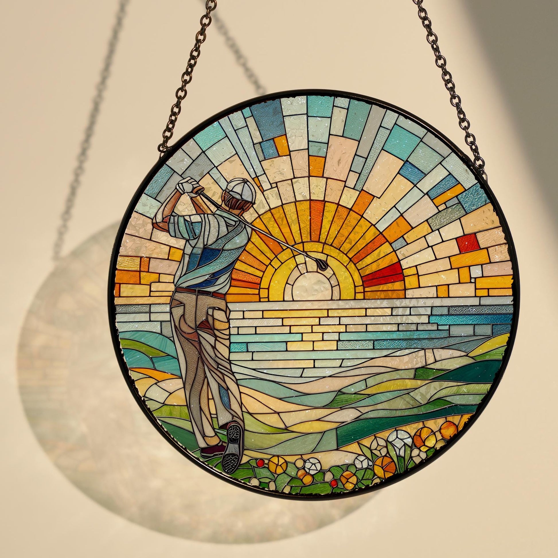 Glass Sunset Golfing Suncatcher Window Hanging, Golf hanging, Perfect gift for dad, Golf lovers gift, Sunset landscape, Home decor