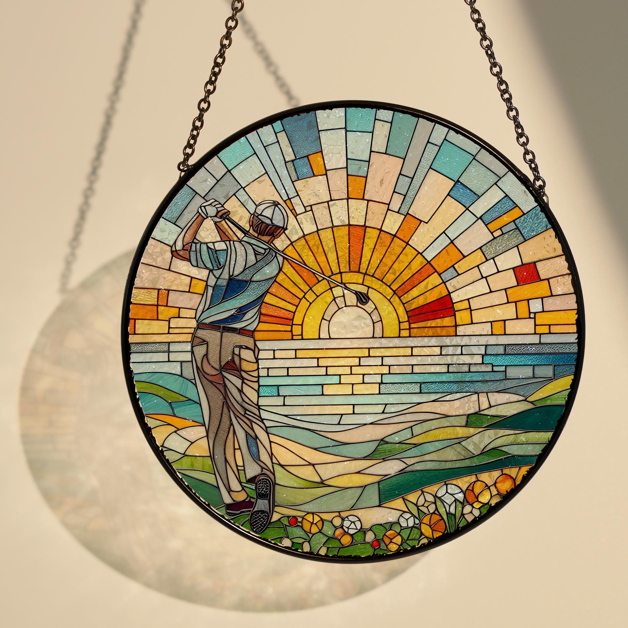 Glass Sunset Golfing Suncatcher Window Hanging, Golf hanging, Perfect gift for dad, Golf lovers gift, Sunset landscape, Home decor
