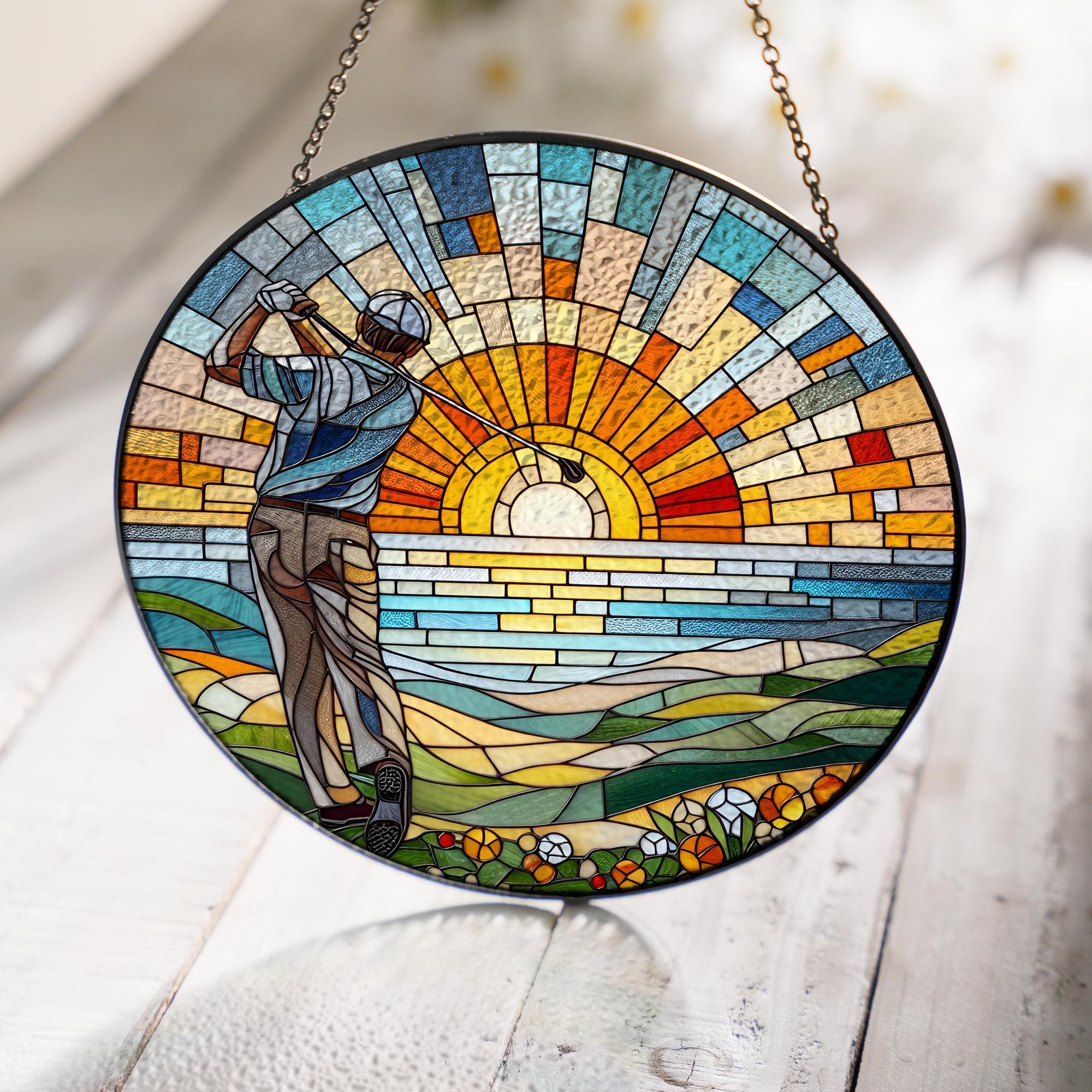 Glass Sunset Golfing Suncatcher Window Hanging, Golf hanging, Perfect gift for dad, Golf lovers gift, Sunset landscape, Home decor