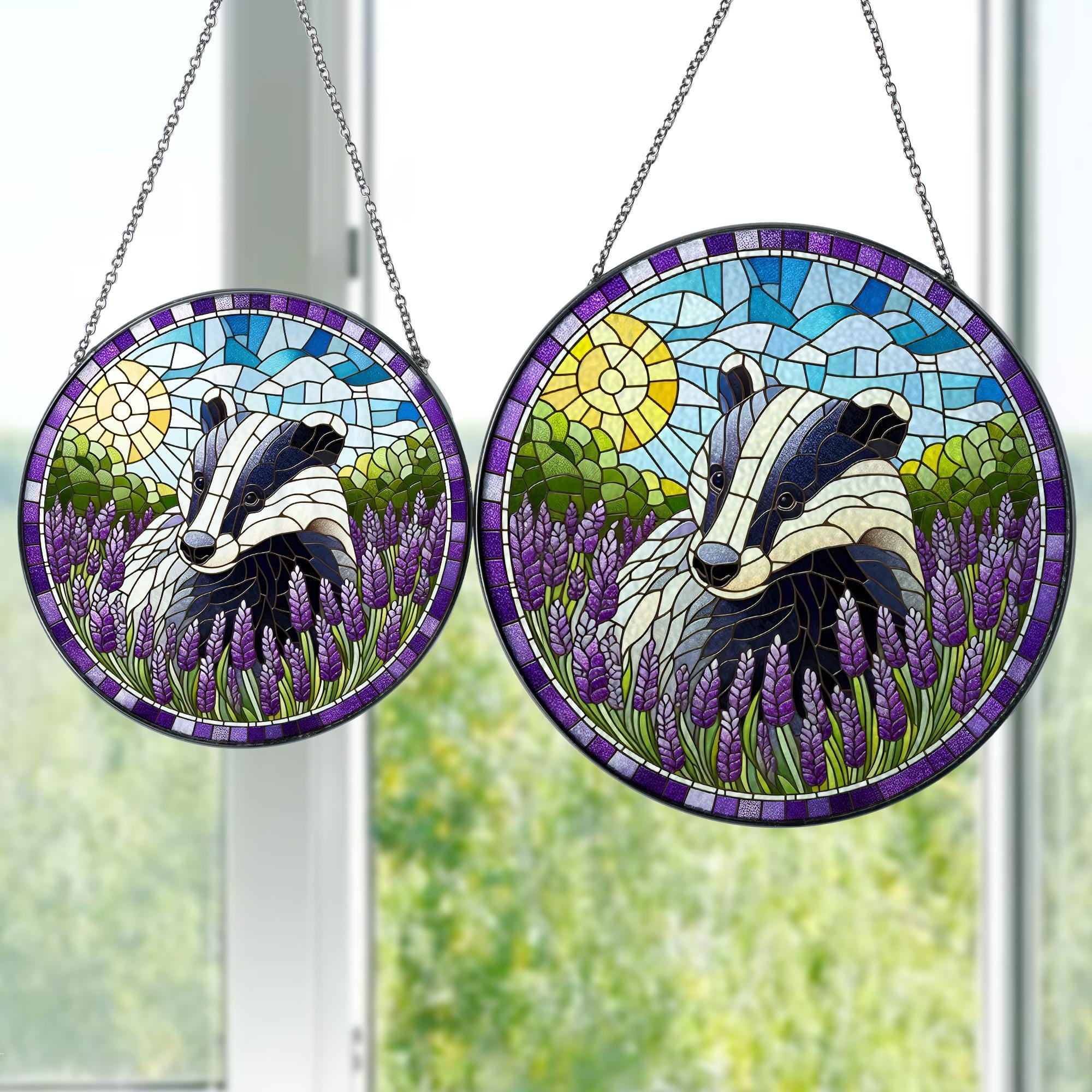 Badger among Lavender Field GLASS Suncatcher Hanging, Funny Badger, Badger glass ornament, Lavender lover, Kitchen decor, Badger lover gift