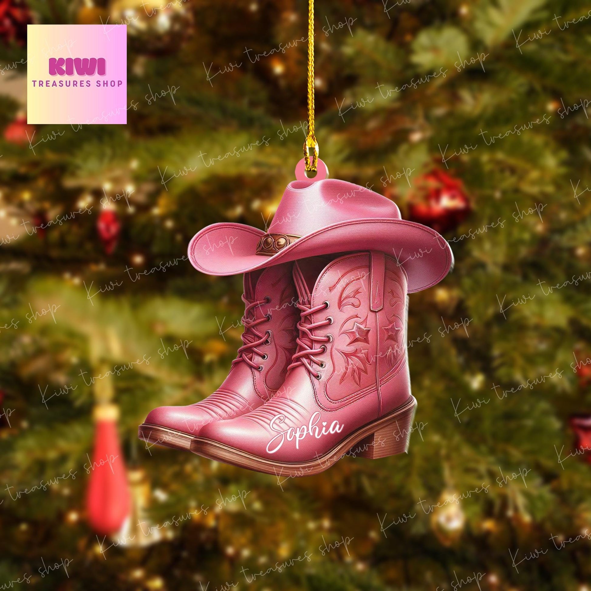 Personalized Pink boots Ornament, Western cowgirl boots ornament, Flat 2D Ornament, Western cowgirl gift, custom name, xmas gift
