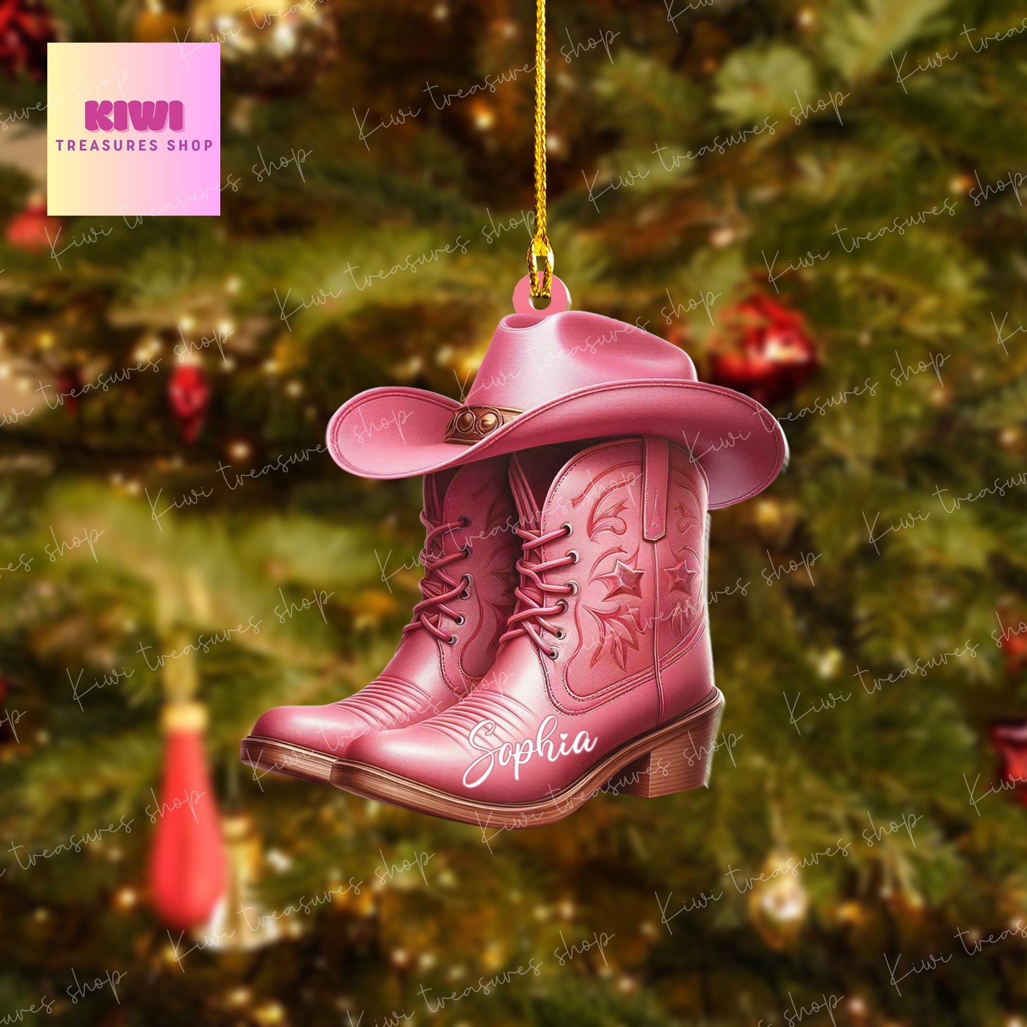 Personalized Pink boots Ornament, Western cowgirl boots ornament, Flat 2D Ornament, Western cowgirl gift, custom name, xmas gift