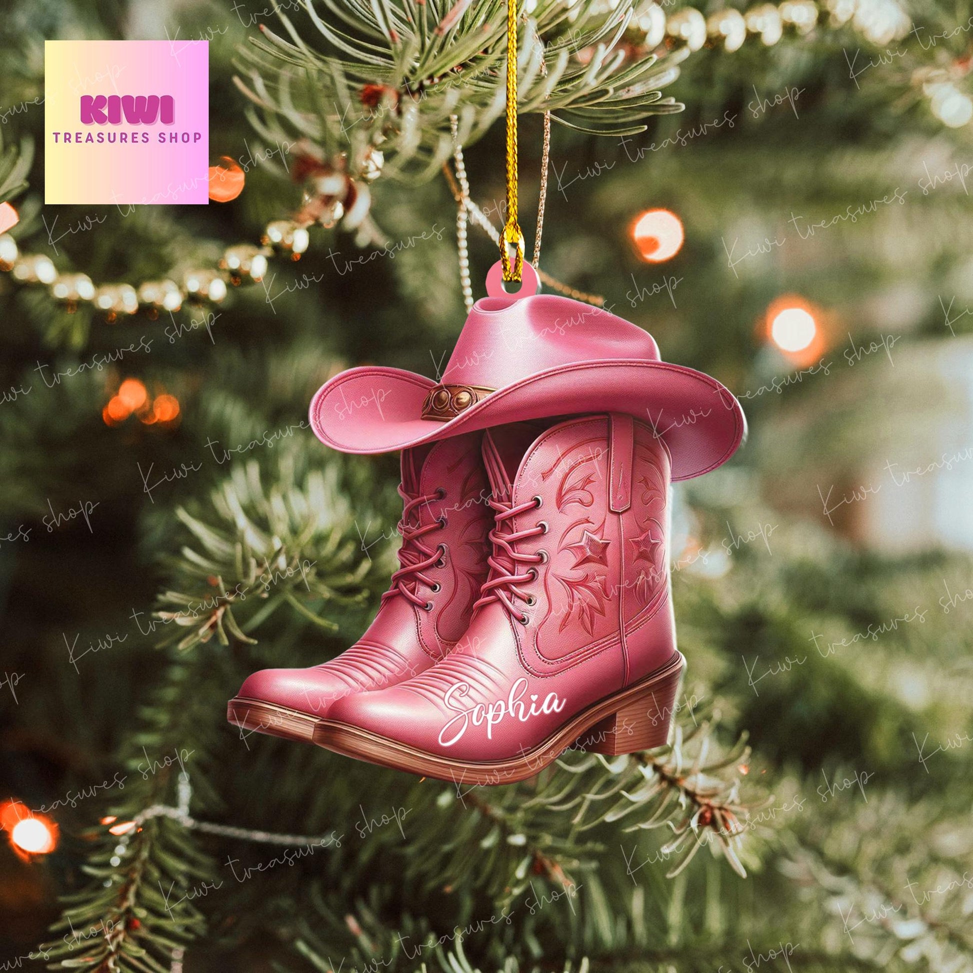 Personalized Pink boots Ornament, Western cowgirl boots ornament, Flat 2D Ornament, Western cowgirl gift, custom name, xmas gift