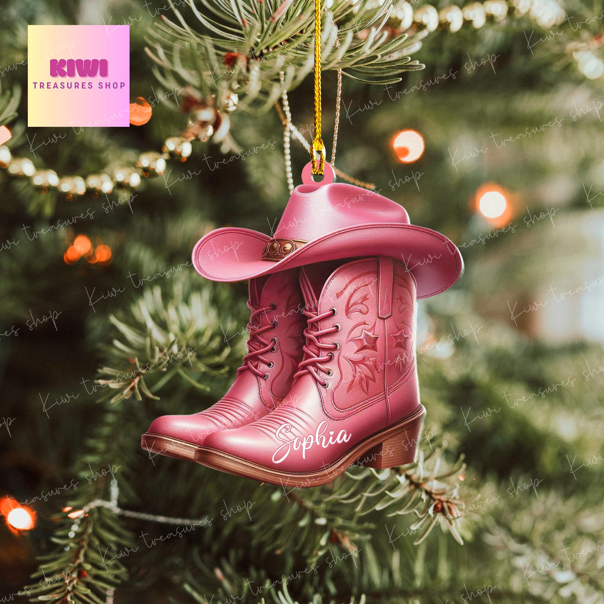 Personalized Pink boots Ornament, Western cowgirl boots ornament, Flat 2D Ornament, Western cowgirl gift, custom name, xmas gift