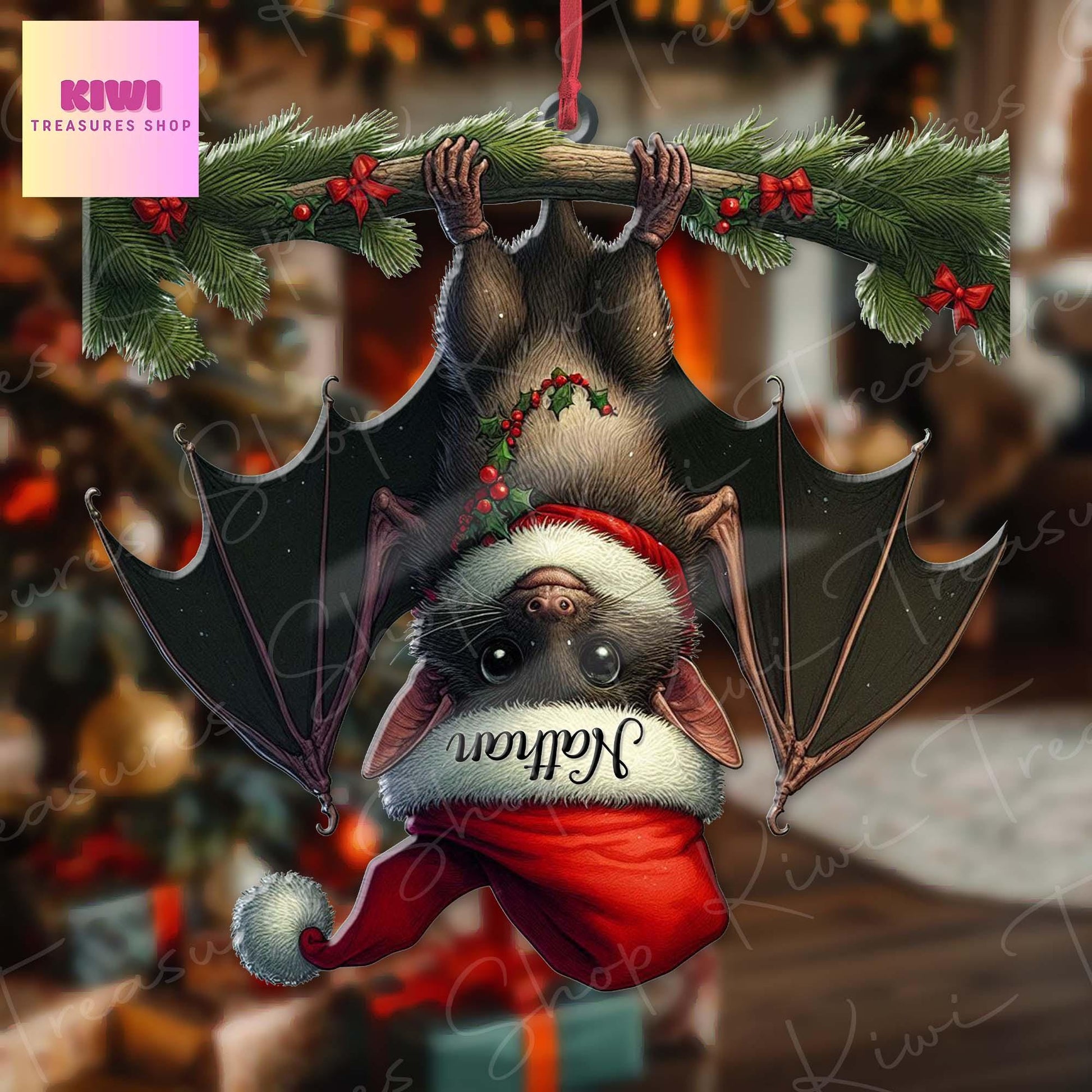 Personalized Bat Upside down Ornament, 2d Flat Bat ornament, Christmas decor, Christmas keepsake, Bat lover gift, Funny Bat Christmas decor