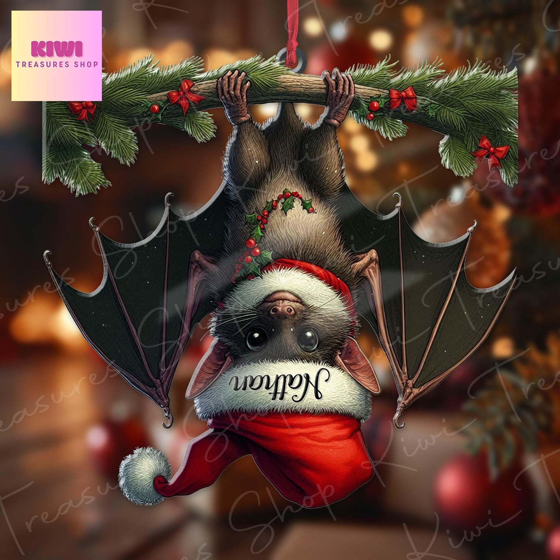 Personalized Bat Upside down Ornament, 2d Flat Bat ornament, Christmas decor, Christmas keepsake, Bat lover gift, Funny Bat Christmas decor