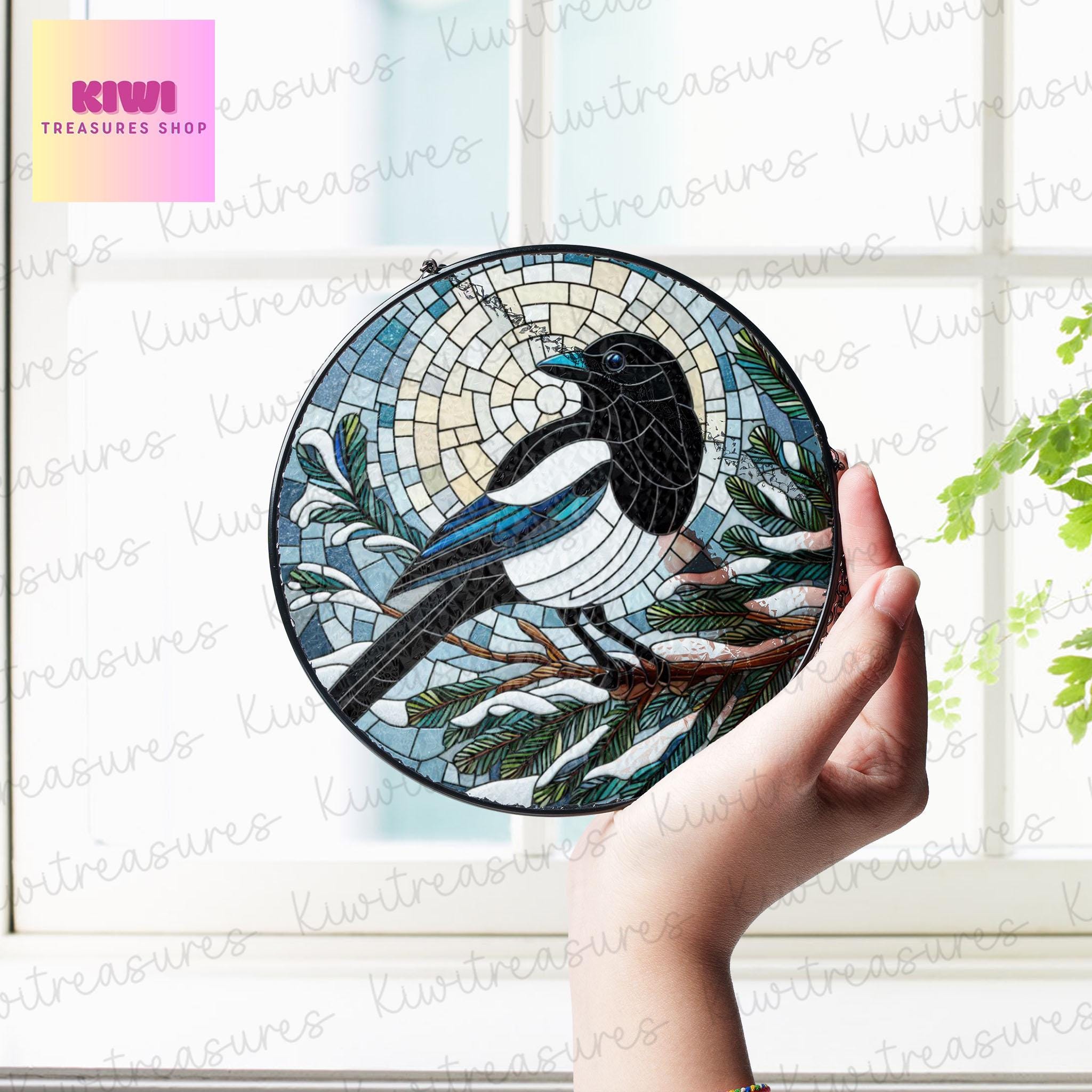 Magpie on pine tree branch GLASS Hanging, Bird Lover Decor, Bird Nerd, Christmas decor, Bird Suncatcher Decor, black white Magpie Decor