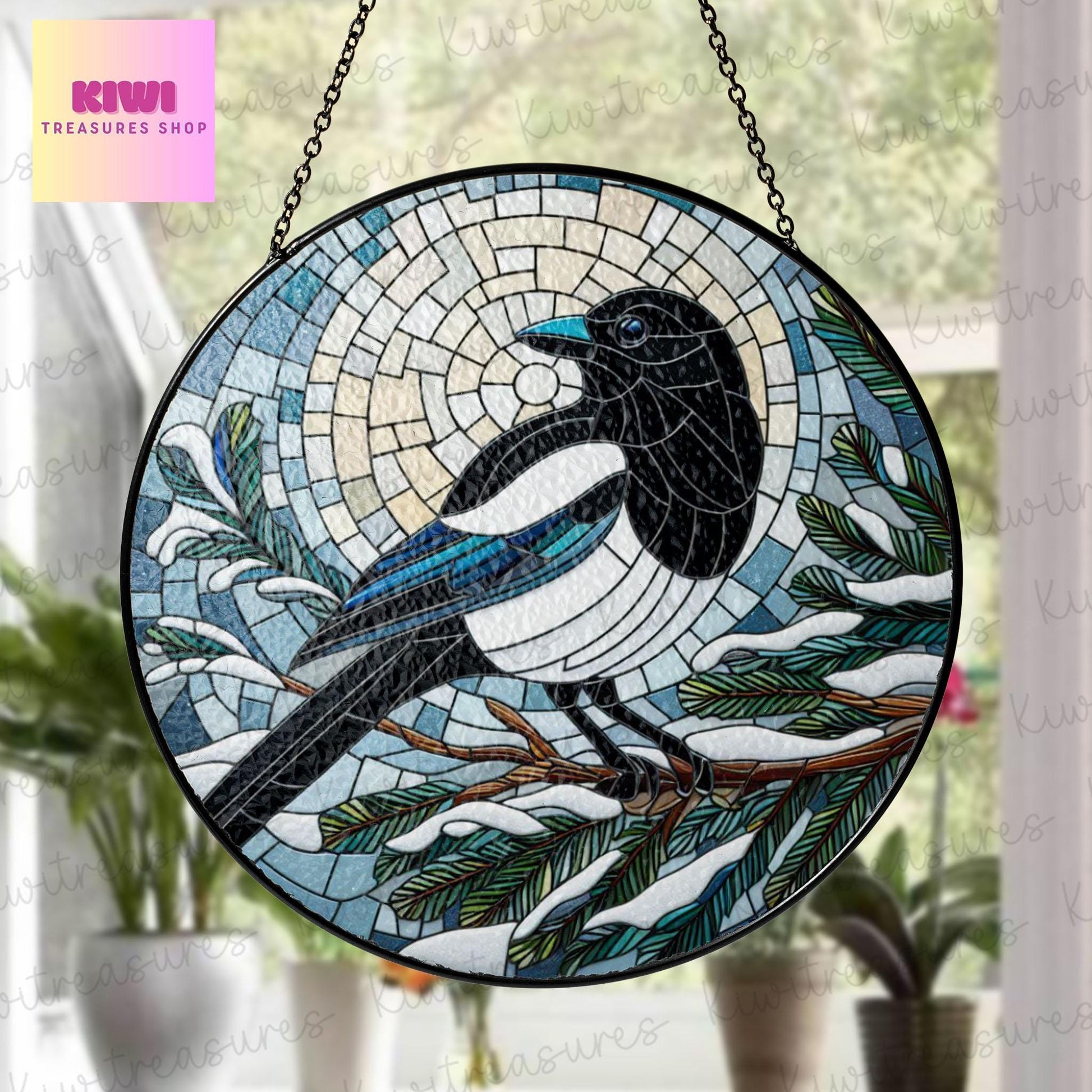 Magpie on pine tree branch GLASS Hanging, Bird Lover Decor, Bird Nerd, Christmas decor, Bird Suncatcher Decor, black white Magpie Decor
