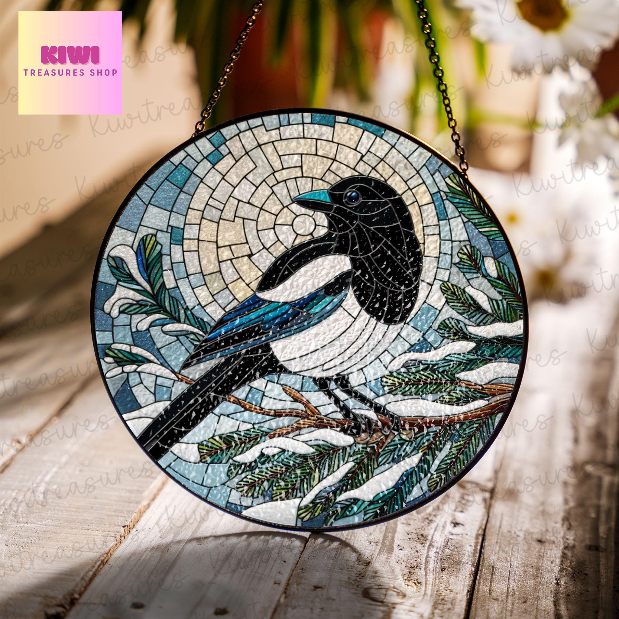 Magpie on pine tree branch GLASS Hanging, Bird Lover Decor, Bird Nerd, Christmas decor, Bird Suncatcher Decor, black white Magpie Decor