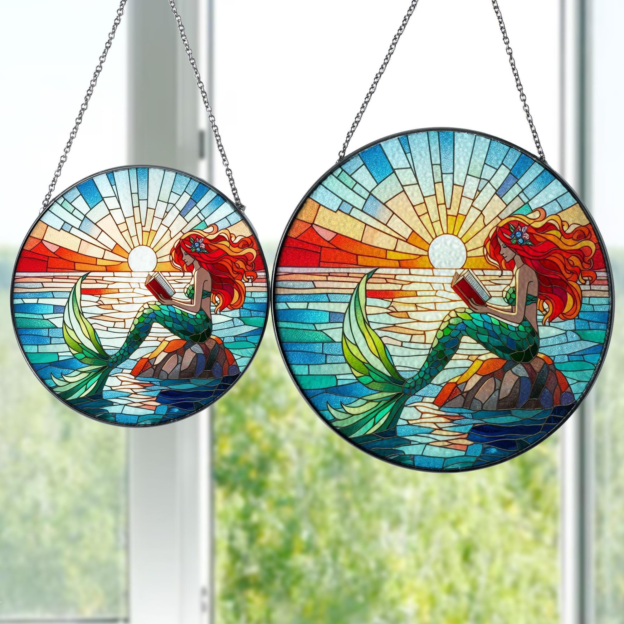 Mermaid read books GLASS Window Hanging, Mermaid lover gift, romantic meramid, sunset suncatcher, mermaid window hanging, fantasy reader