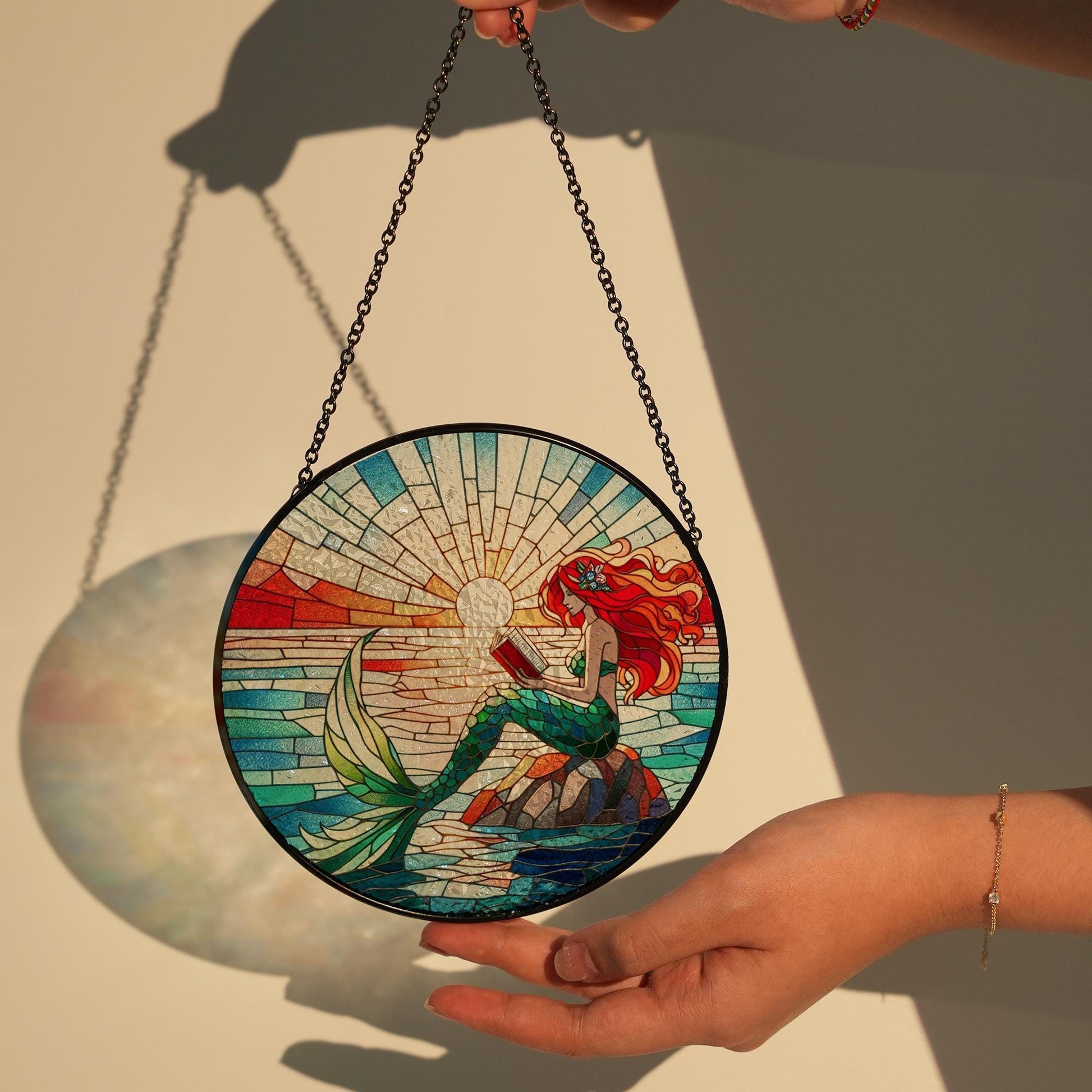 Mermaid read books GLASS Window Hanging, Mermaid lover gift, romantic meramid, sunset suncatcher, mermaid window hanging, fantasy reader