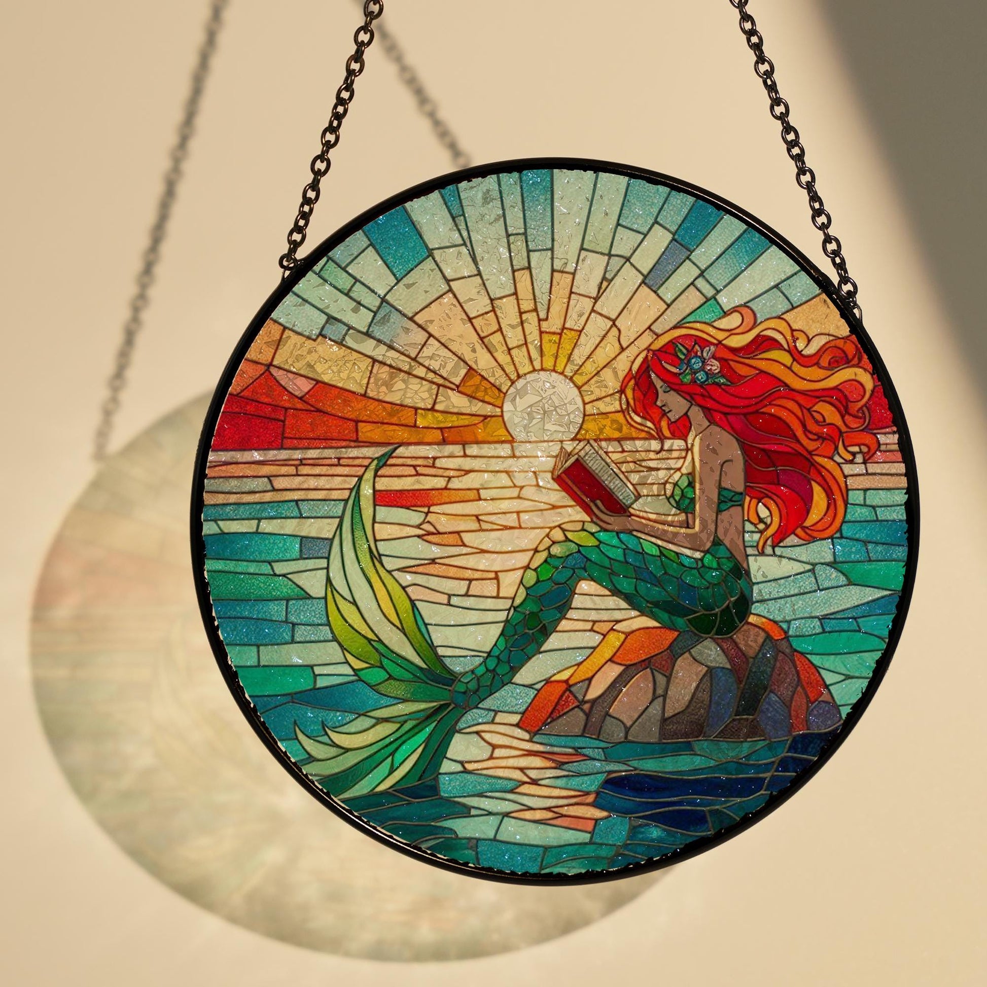 Mermaid read books GLASS Window Hanging, Mermaid lover gift, romantic meramid, sunset suncatcher, mermaid window hanging, fantasy reader