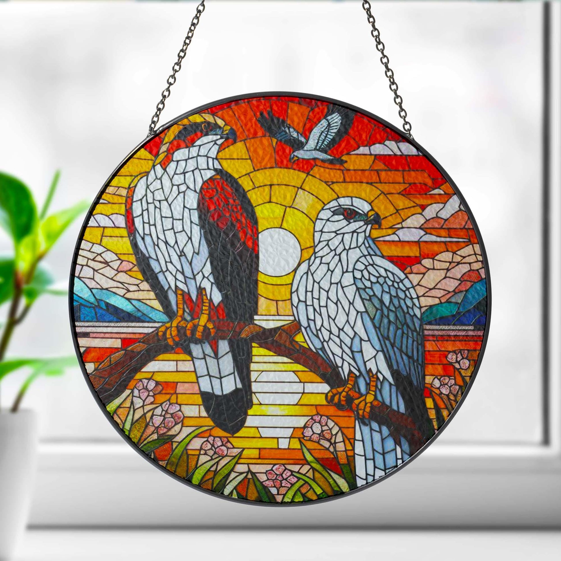 Red Tailed Hawk couple on branch GLASS Hanging, Bird Nerd, Sunset landscape, Bird Suncatcher Decor, Red Tailed Hawk Decor, bird feeder