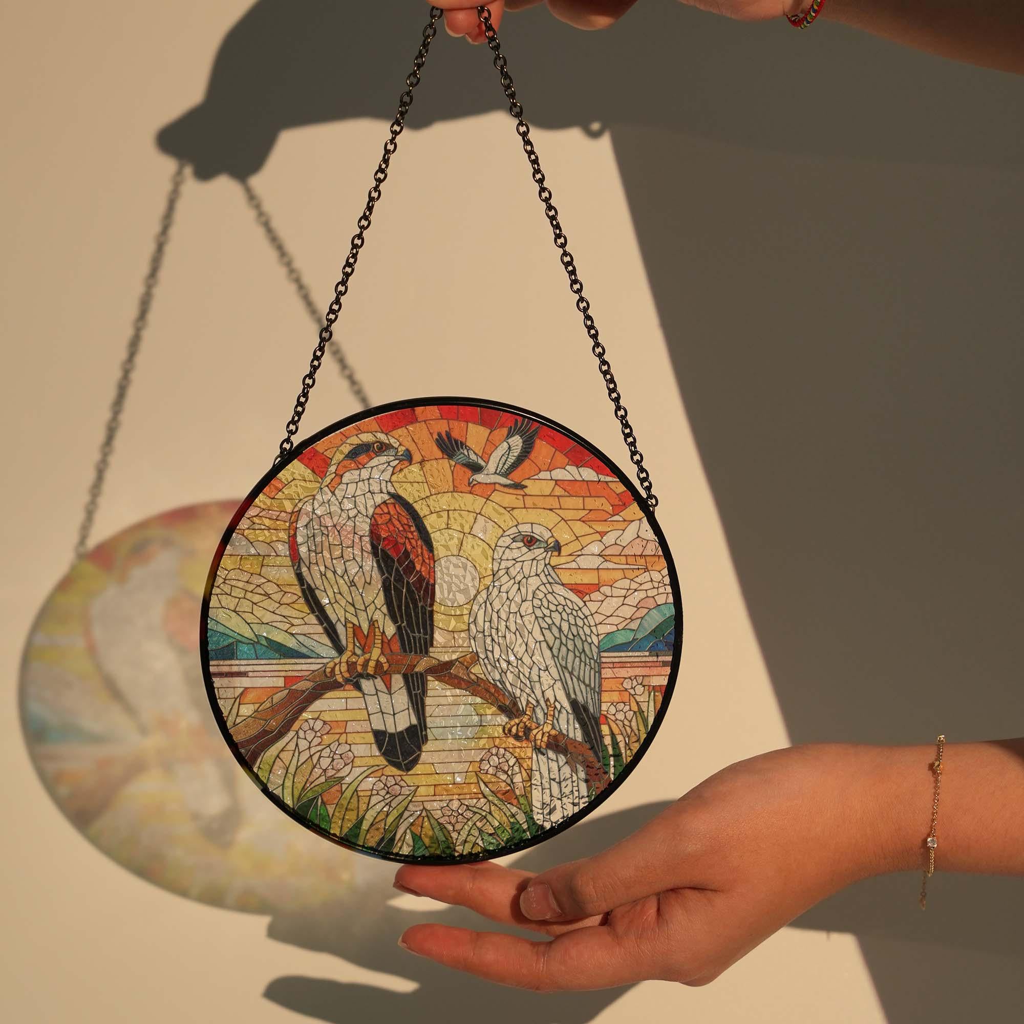 Red Tailed Hawk couple on branch GLASS Hanging, Bird Nerd, Sunset landscape, Bird Suncatcher Decor, Red Tailed Hawk Decor, bird feeder