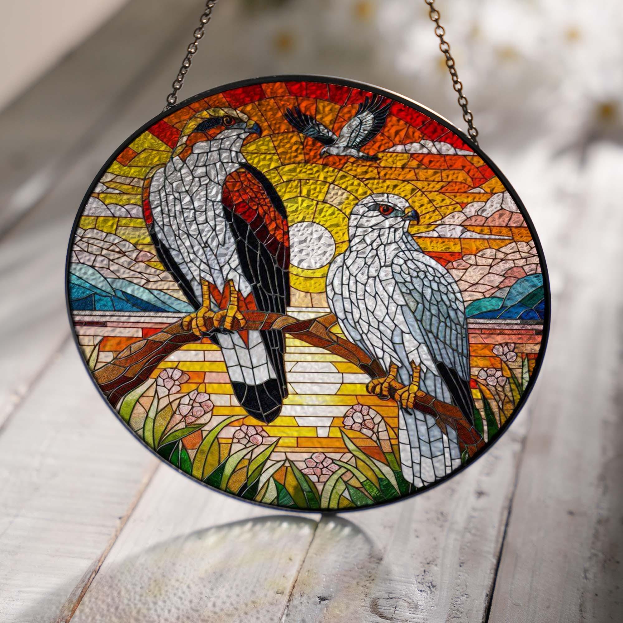 Red Tailed Hawk couple on branch GLASS Hanging, Bird Nerd, Sunset landscape, Bird Suncatcher Decor, Red Tailed Hawk Decor, bird feeder