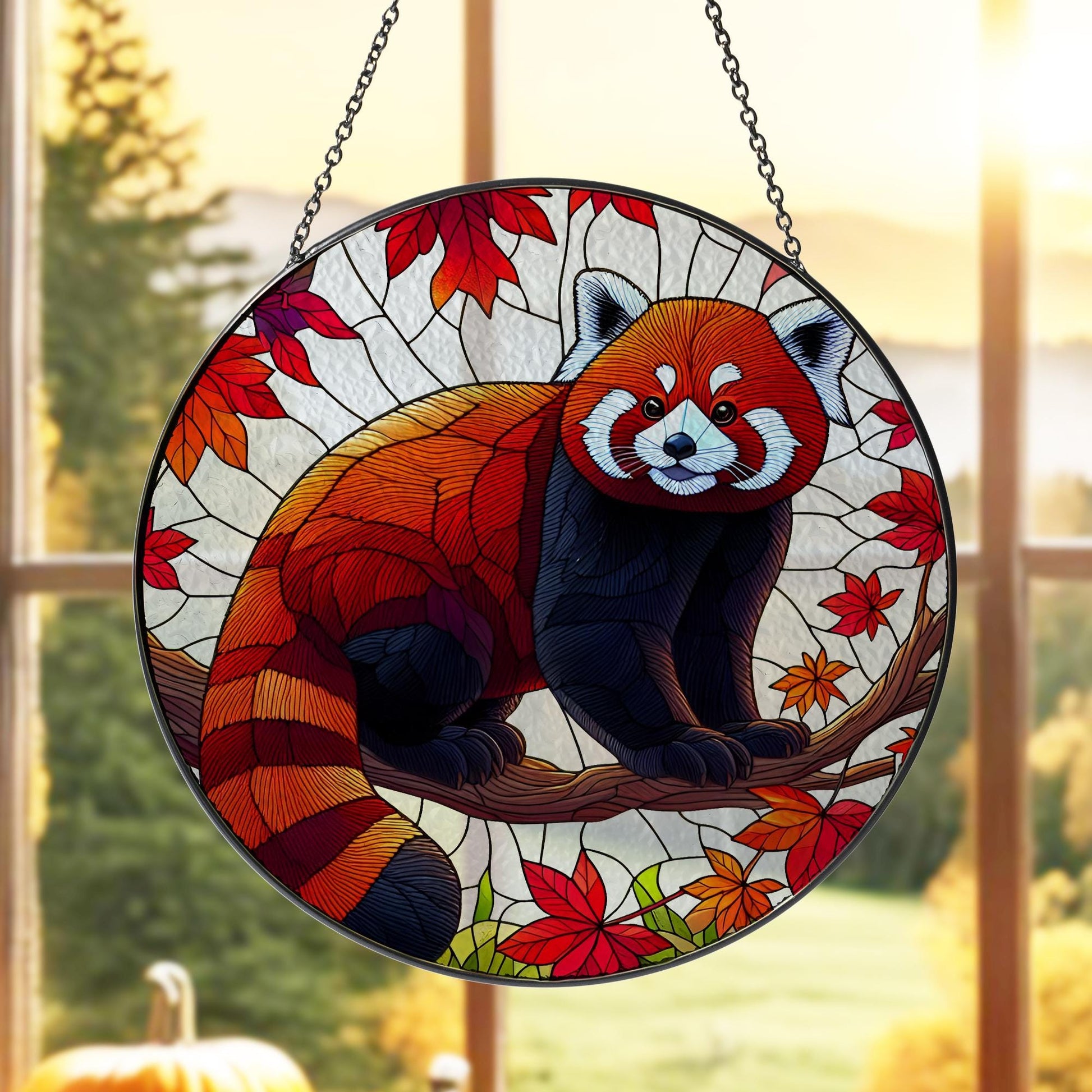 Red Panda On Fall Tree GLASS, Kute Red Panda Decor, Funny Animal Decor, Animal Lover Gift, Red Panda Lover,Animal Suncatcher,Fall Gift