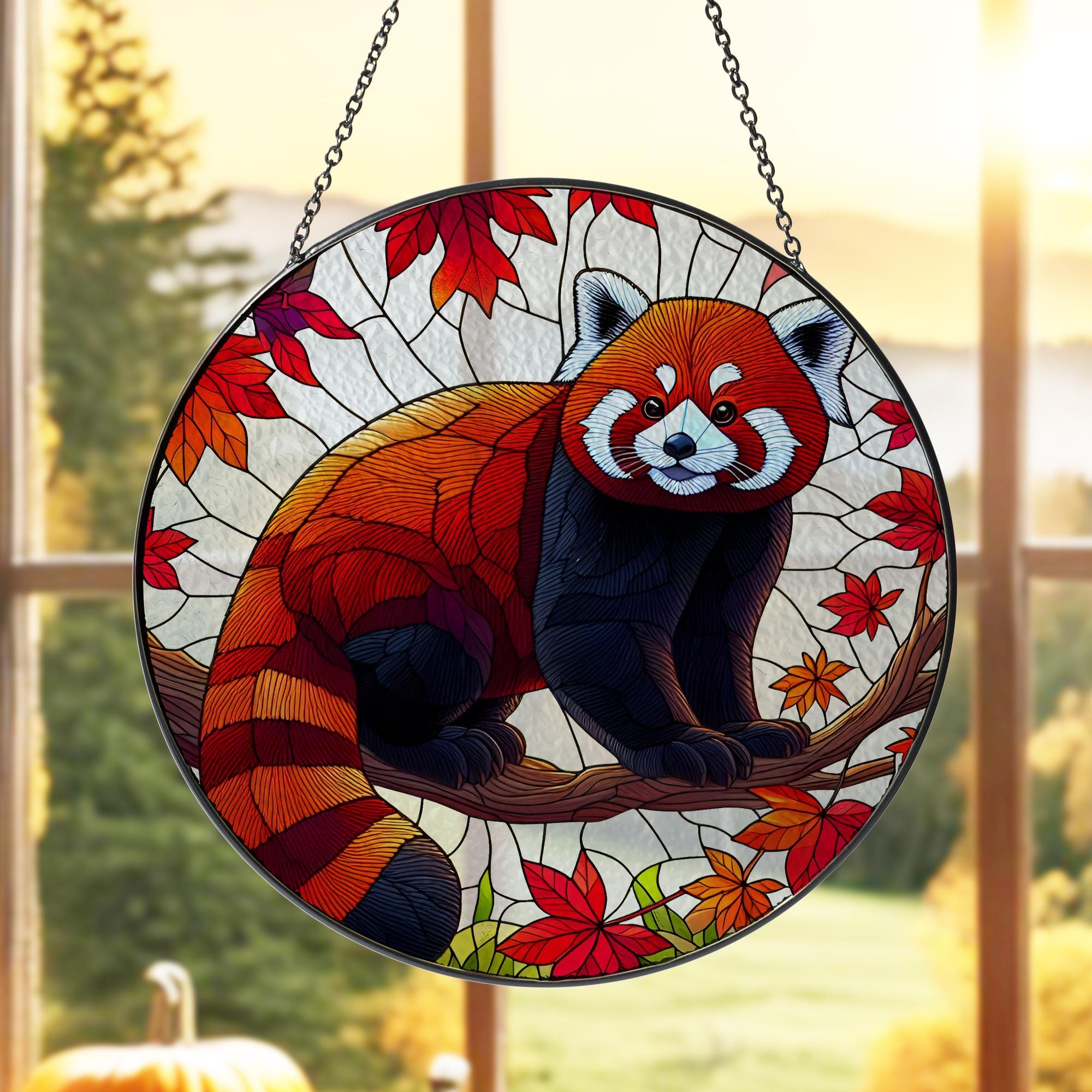 Red Panda On Fall Tree GLASS, Kute Red Panda Decor, Funny Animal Decor, Animal Lover Gift, Red Panda Lover,Animal Suncatcher,Fall Gift