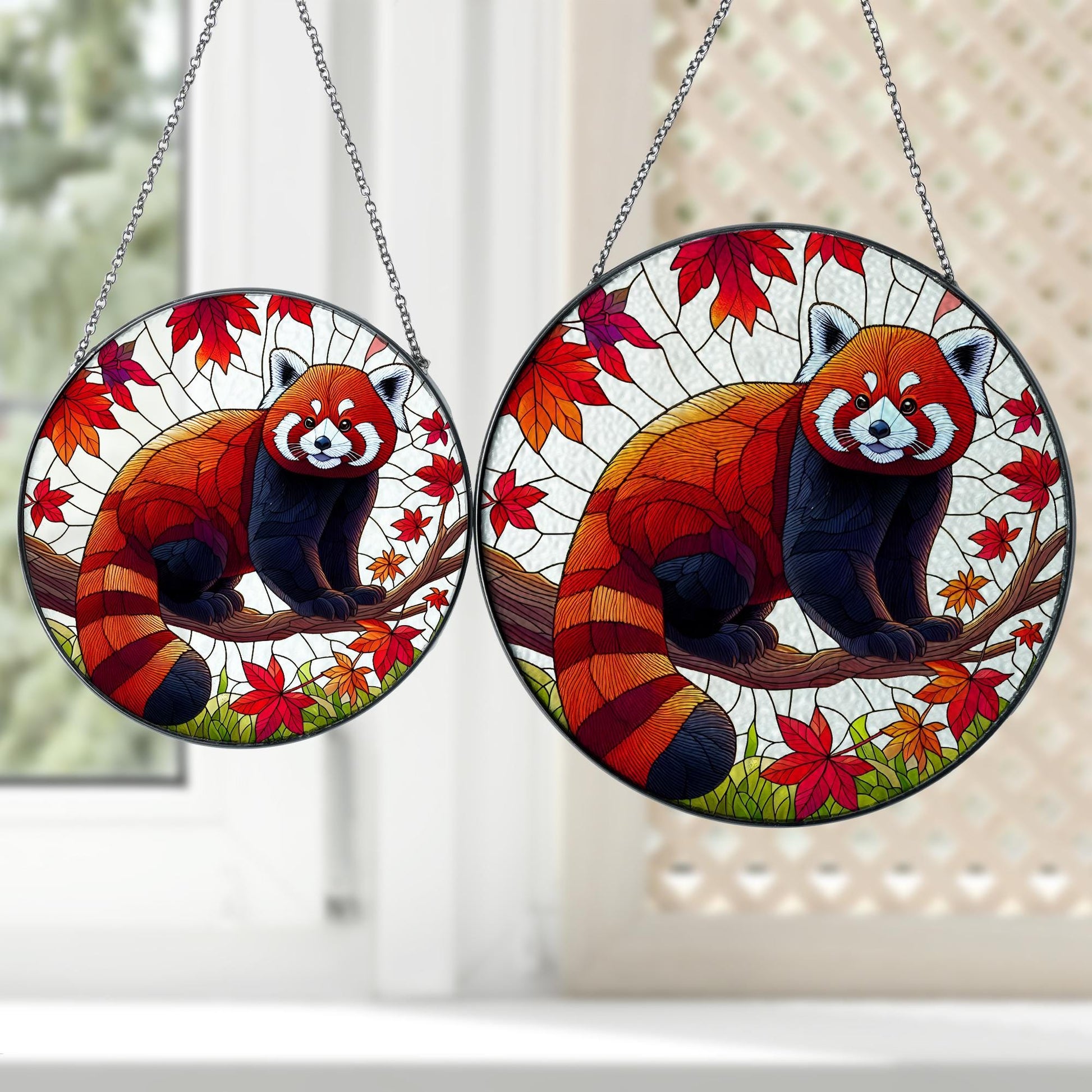 Red Panda On Fall Tree GLASS, Kute Red Panda Decor, Funny Animal Decor, Animal Lover Gift, Red Panda Lover,Animal Suncatcher,Fall Gift